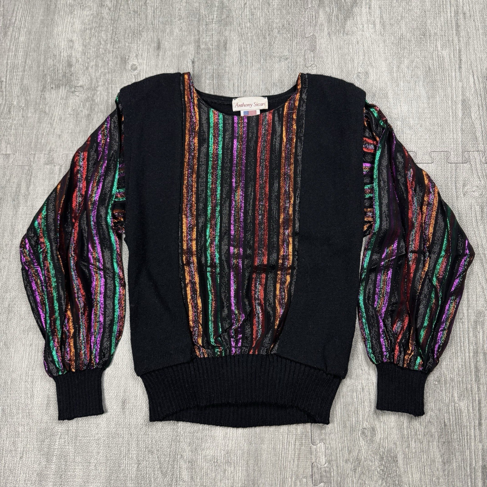 VTG 80S ANTHONY SICARI WOMENS KNIT TOP METALLIC STRIPED RETRO USA SIZE SMALL S