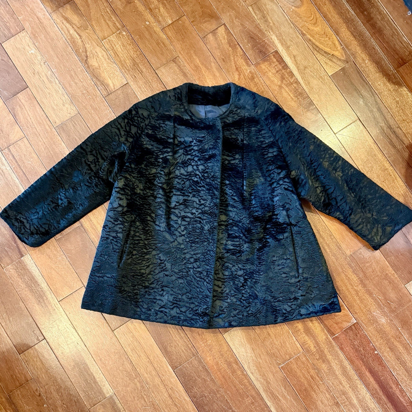 VTG 1950s Curly Persian Astrakhan Faux Lambs Wool Black Swing Coat Women Sz M