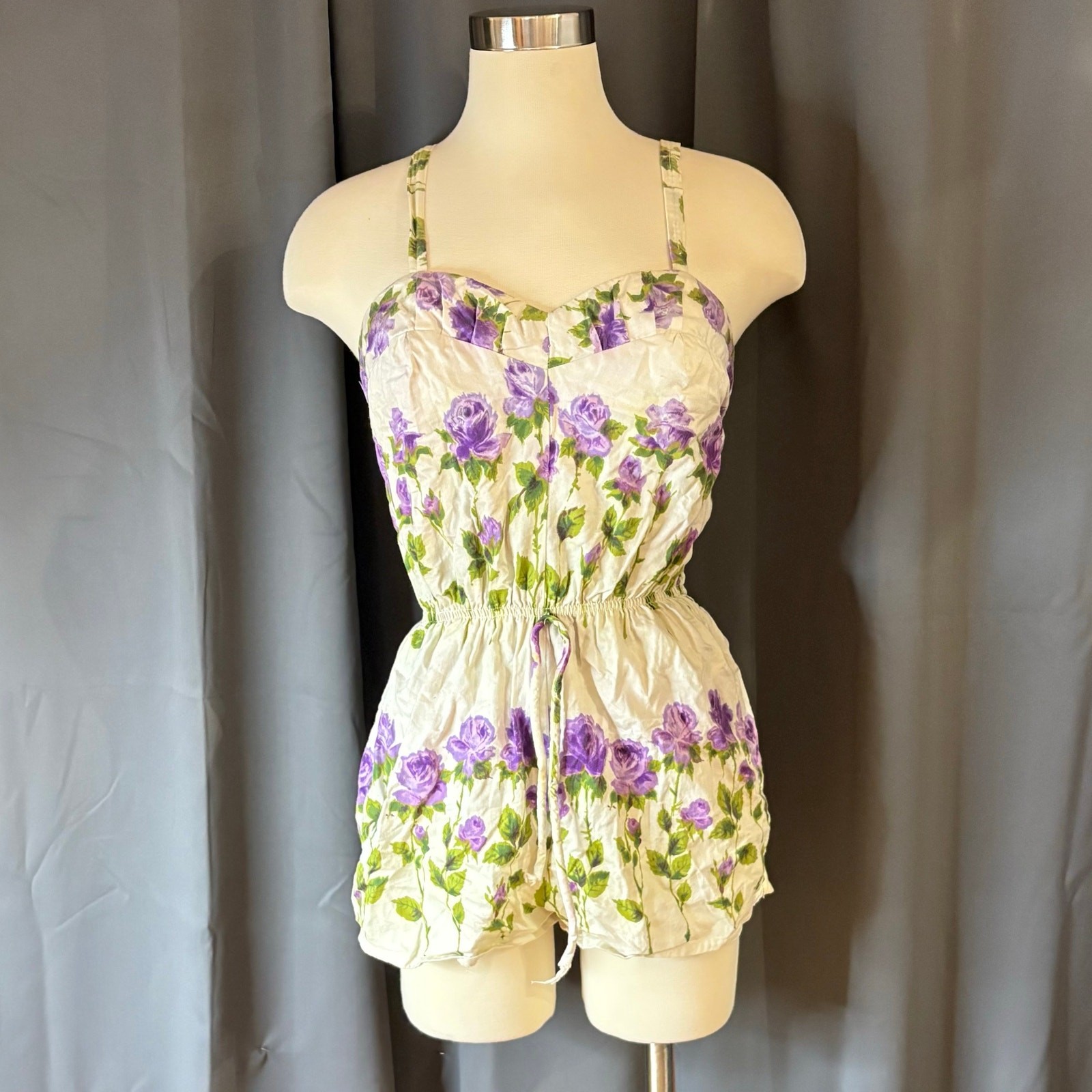 Vtg 1940s Floral Print Lace Pin-Up Swim Bathing Suit Playsuit Romper XS