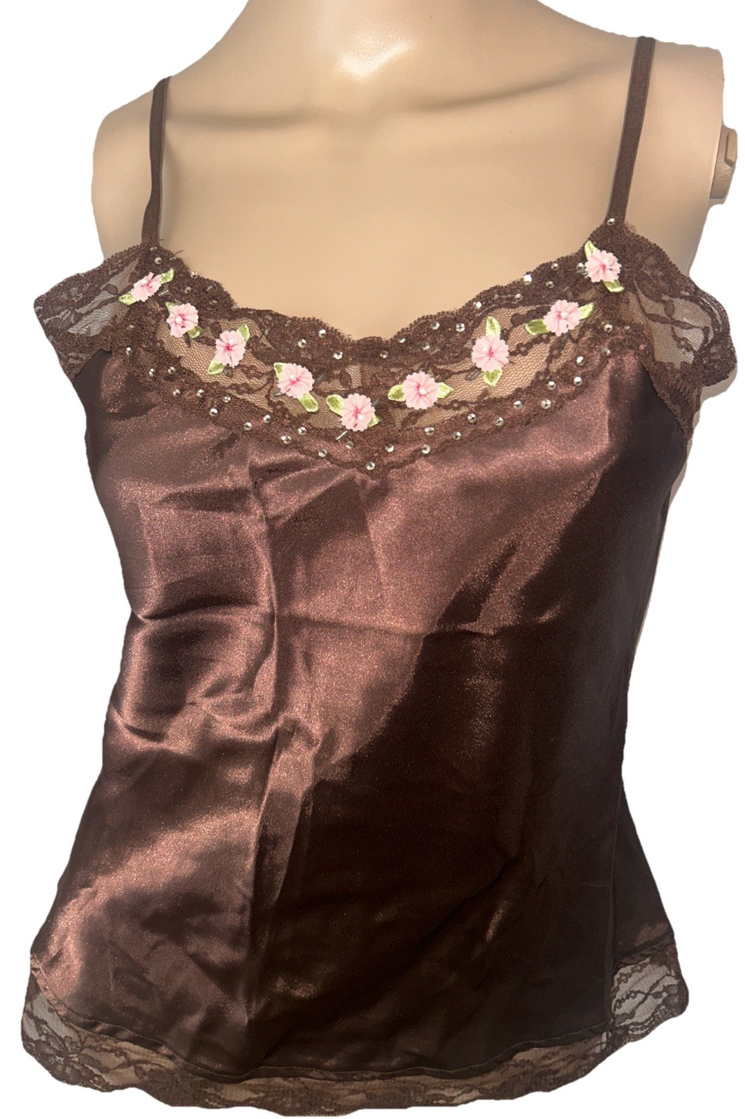 Vintage Y2K Deadstock One Step Up Satin Camisole Cami Top NWT Brown Rose Lace S