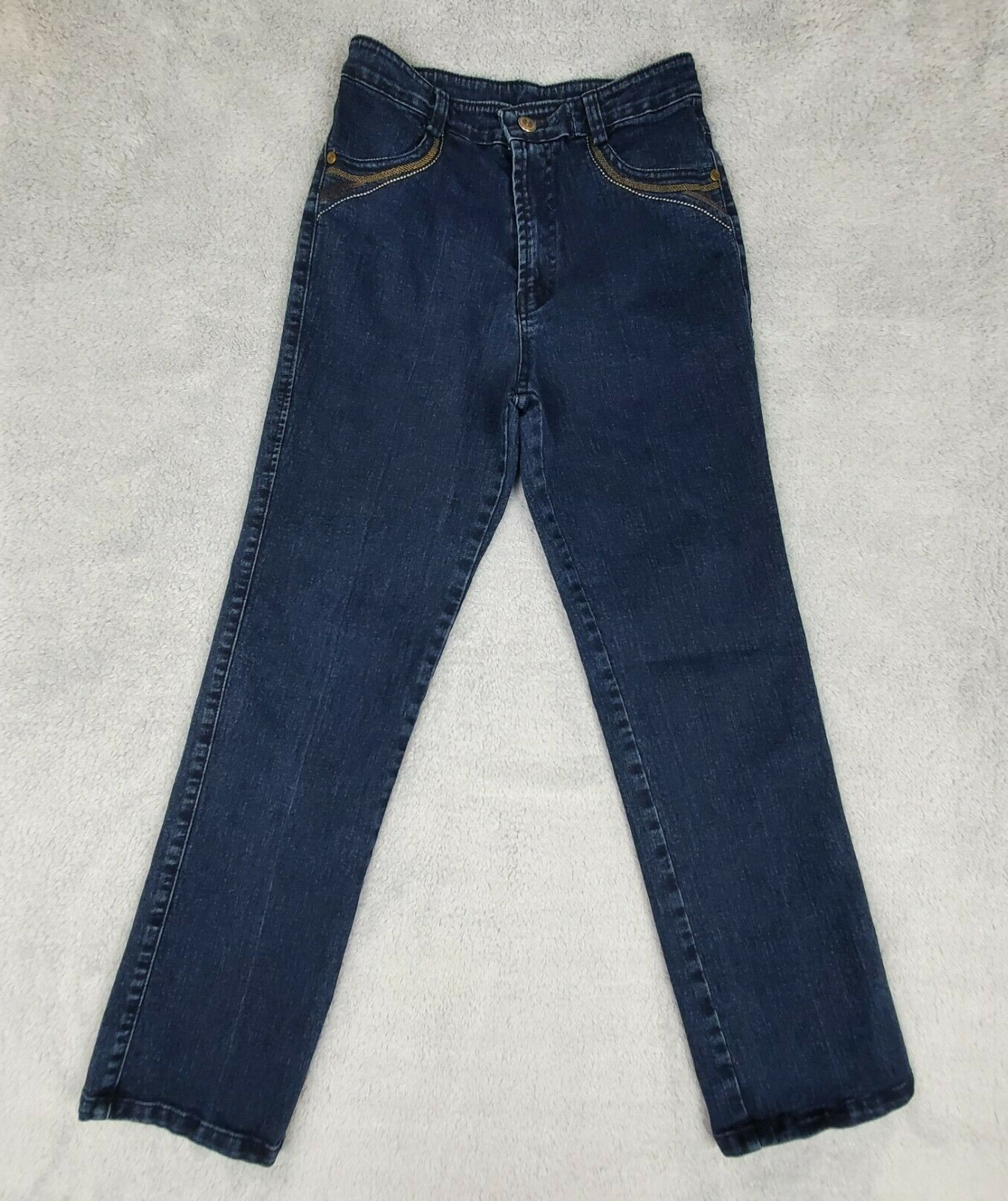 Vtg Women’s High Waist Straight Leg Ankle Jeans Sz 28″x26″ Embroidered Dark Wash
