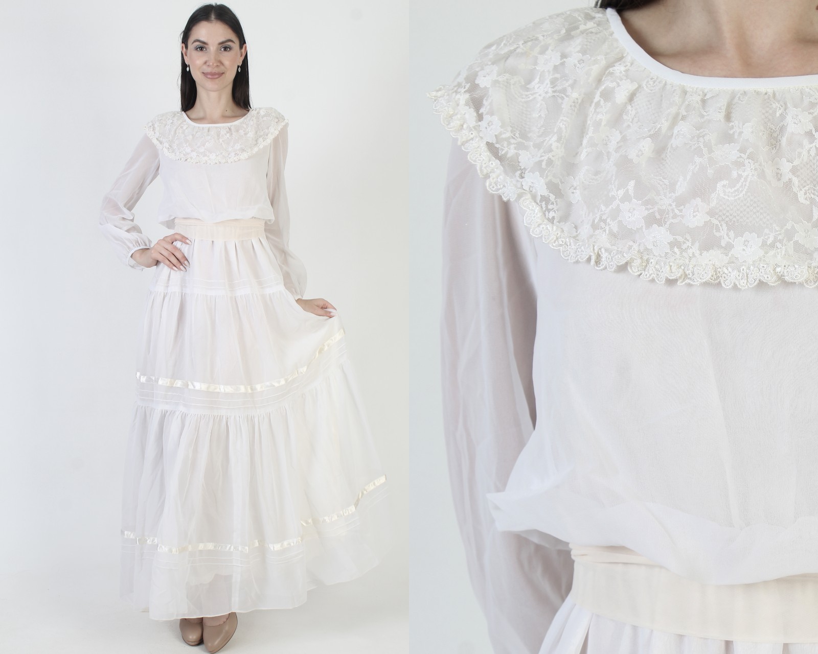 Vtg 70s White Victorian Dress Sheer Lace Boho Prairie Monochrome Wedding Gown