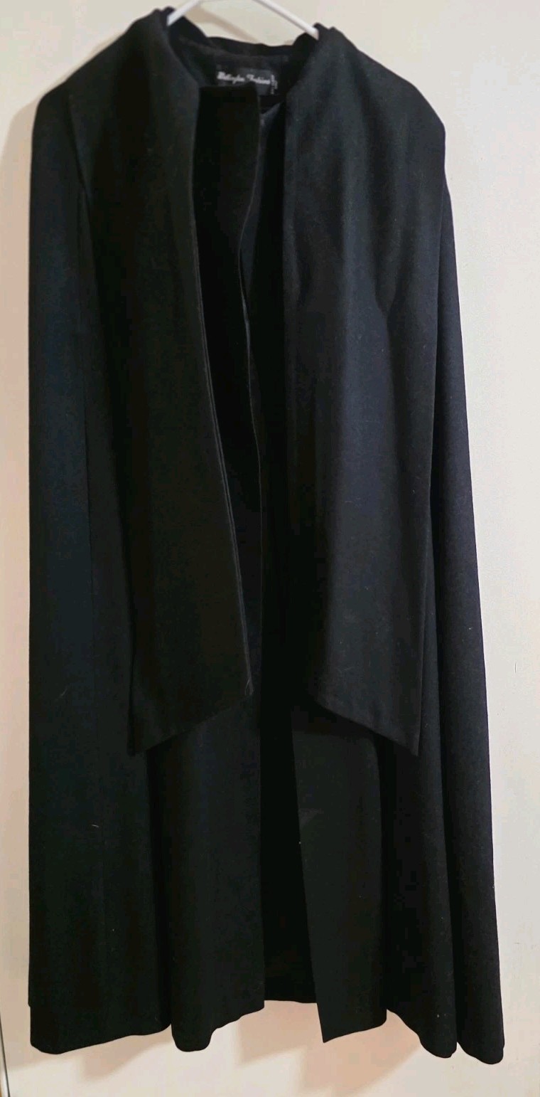 Vintage Wellington Fashions Black Merino Wool Full Length Cape Poncho Coat Cloak