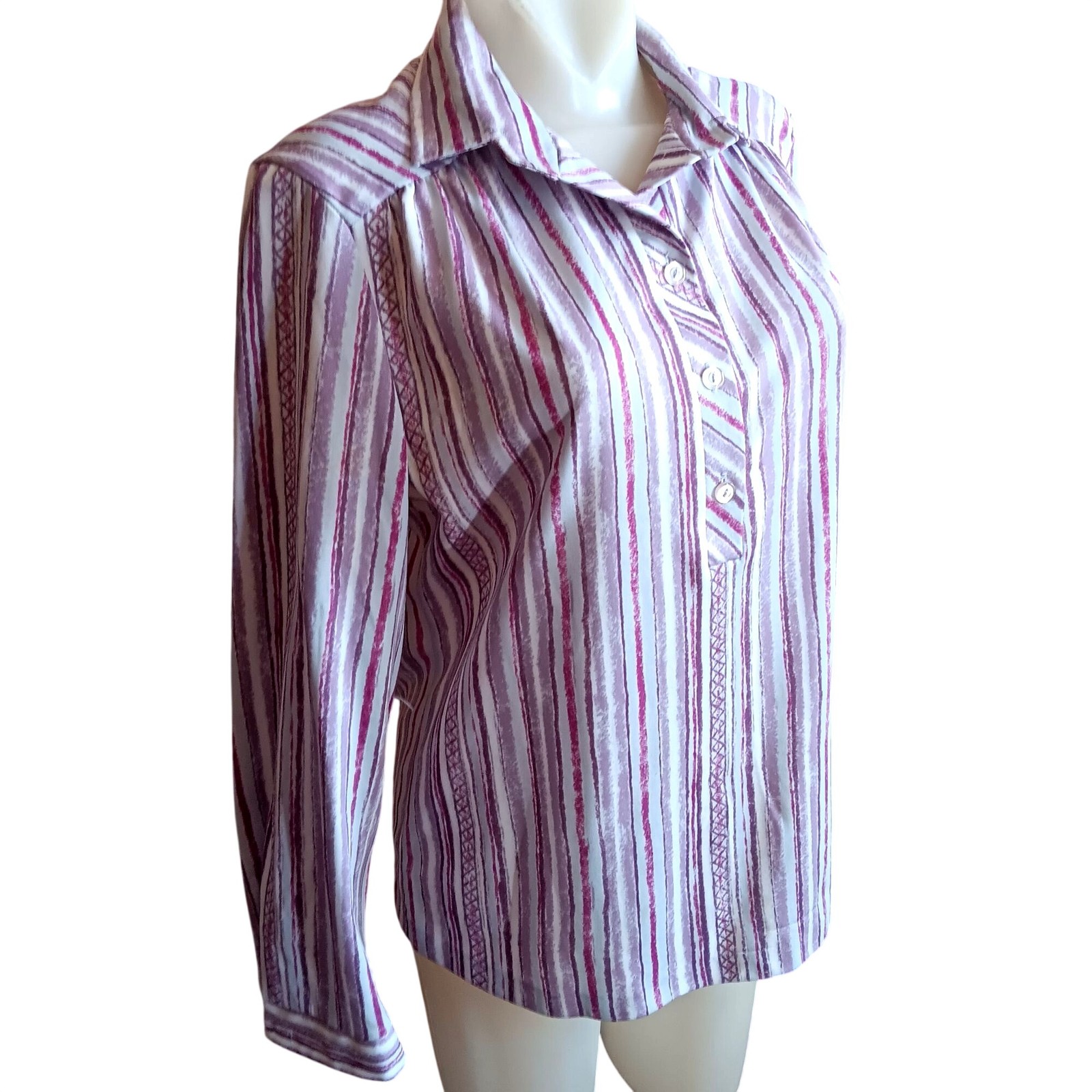 True Vintage Top 10 Medium 1970s Purple Polyester Striped Collared Ko Ko Knits