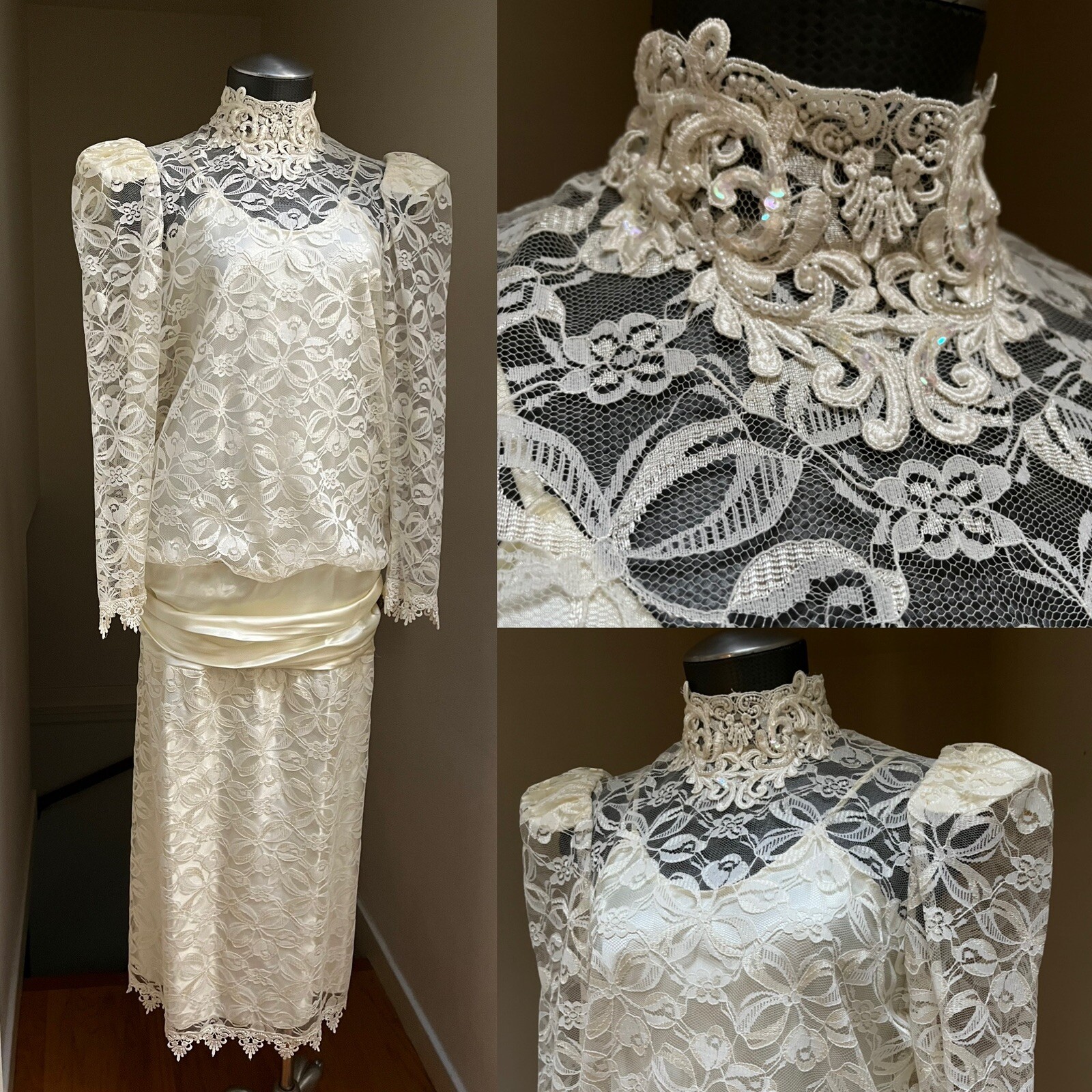 Vtg Lace Dress Victorian Style Drop Waist Midi High Collar Sequin SMALL