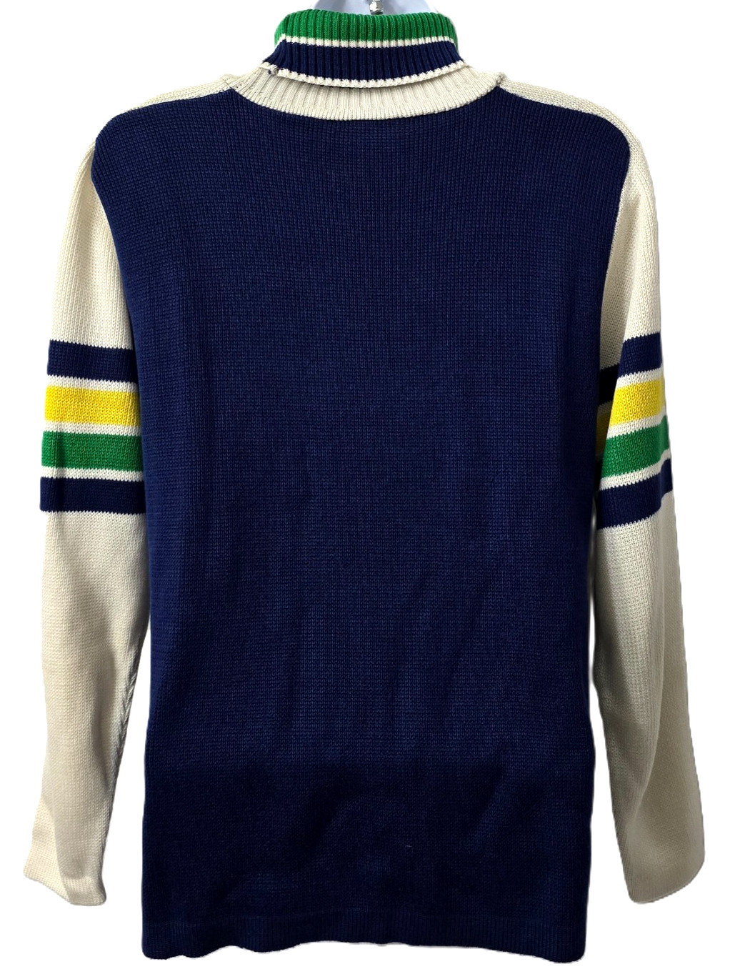 Vintage Knit Ski Turtleneck Sweater M L Colorblock Stripe Blue Yellow 70s 80s