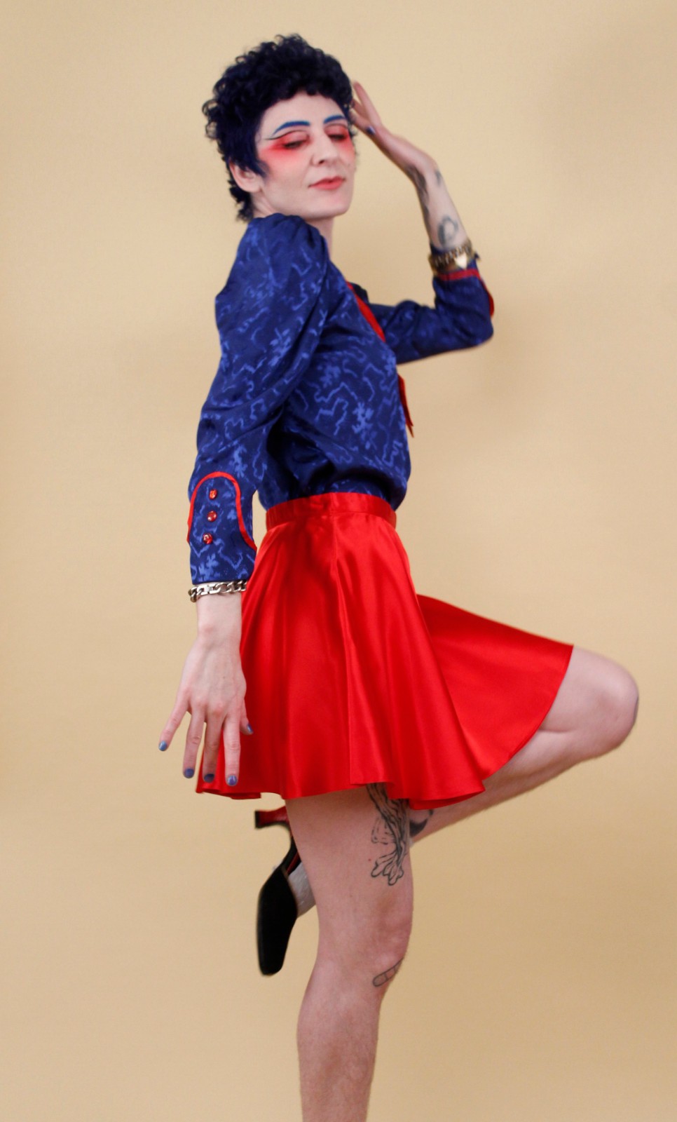 80s Vtg Blue Satin Sailor Moon Style Collar Blouse Shirt Button Up Nautical B34″