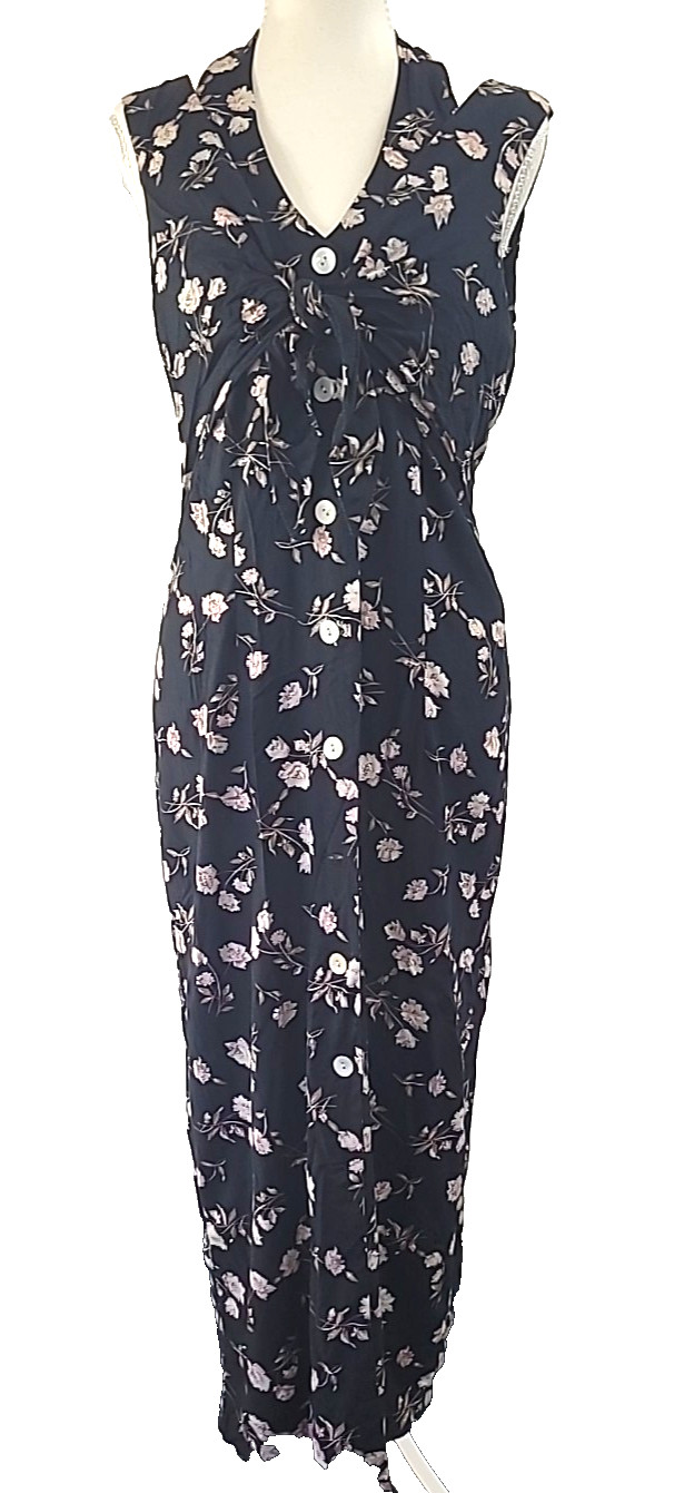 Vintage 90s DBY Ltd Maxi Dress Sz 11 Halter Top Button Up Tie Back Black Floral