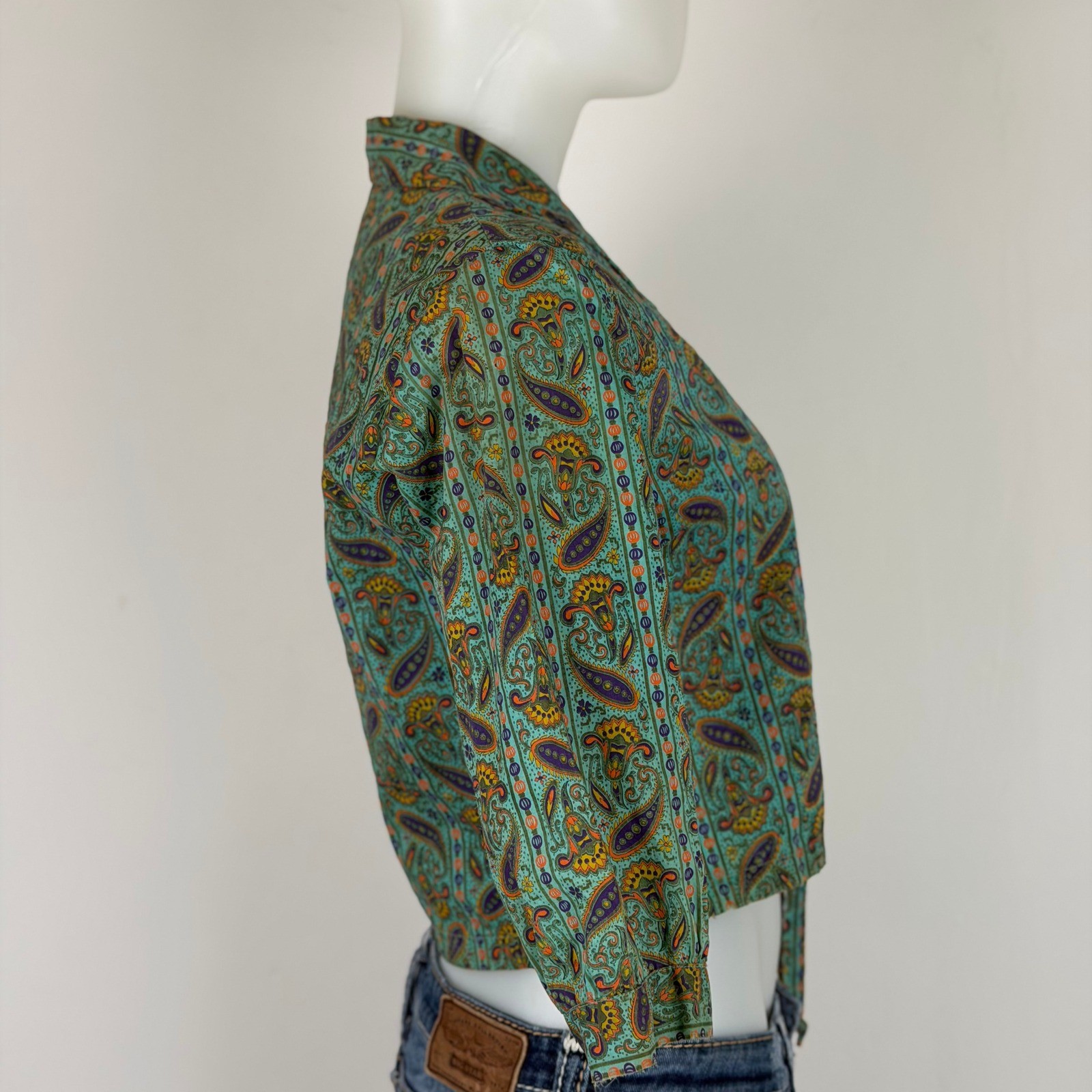 50s 60s Crop Top Teal Paisley 3/4 Sleeve Tie Hem Sz 32 DISTRESSED AS IS