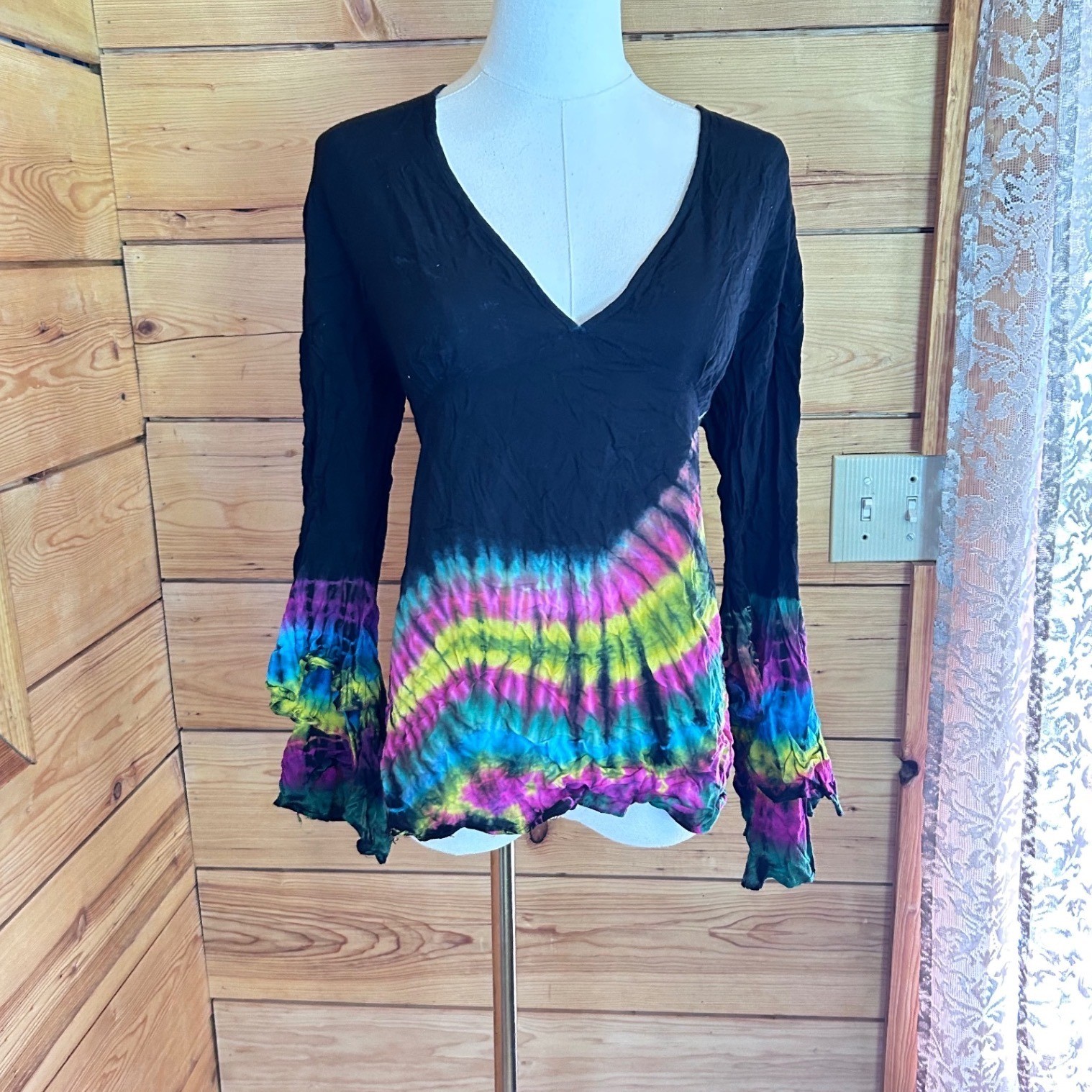 Vintage Tie Dye Blouse Womens Extra Large Black Neon Rainbow Gypsy Rose Vintage
