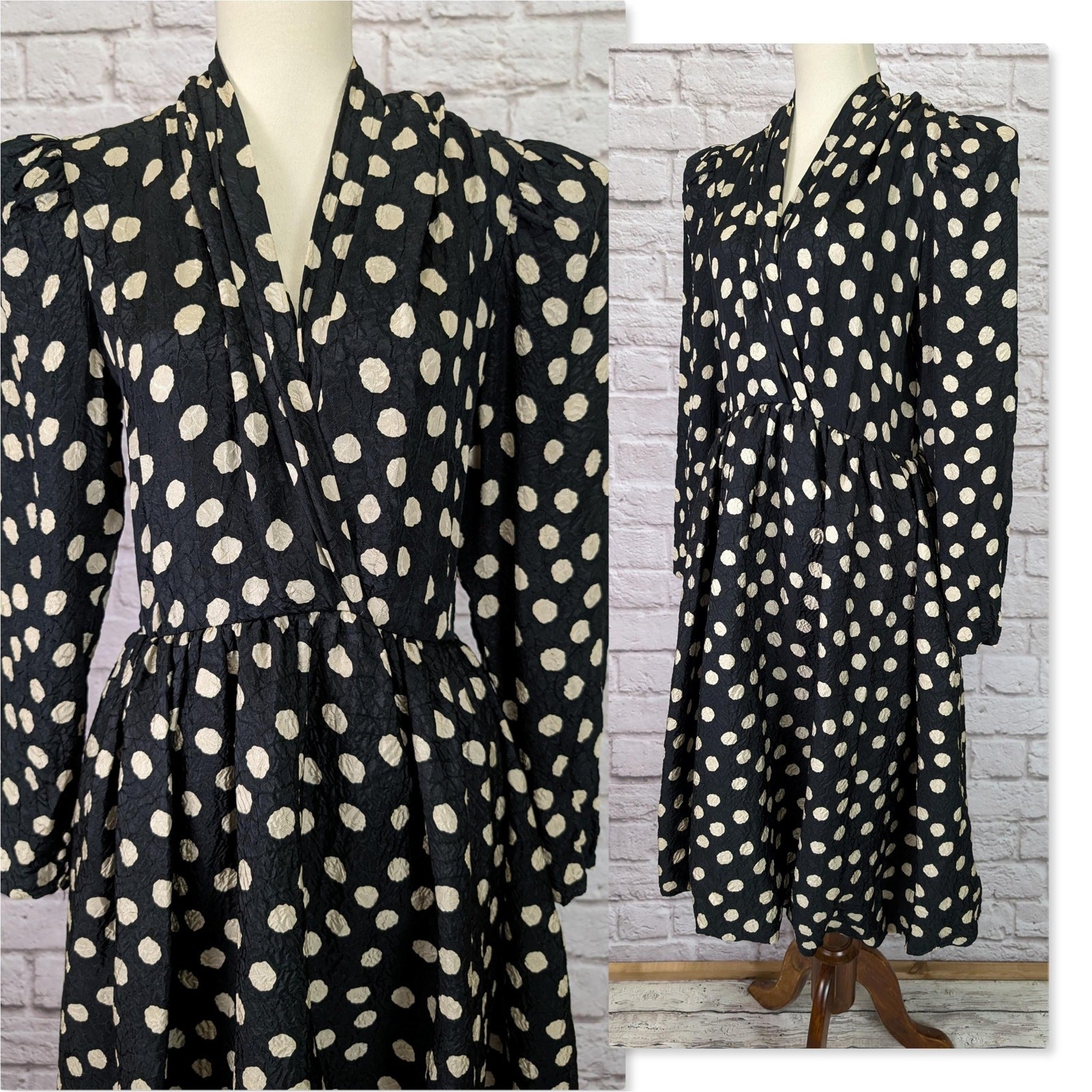Silk Dress Black Ecru Polka Dot Bubble Hem 80’s Long Sleeve Shoulder Pads Medium