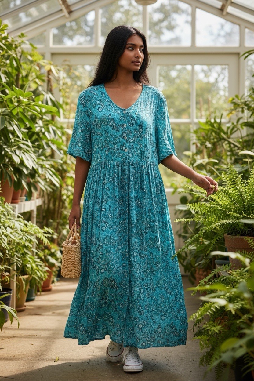 Vintage Honors Cotton Blue Floral Crinkle Maxi Dress Sz XL