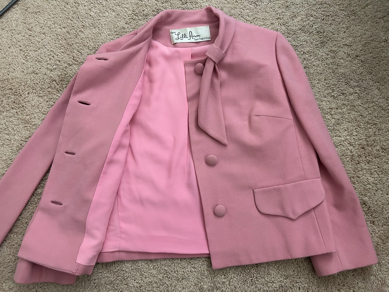Vintage 1960’s Lilli Ann Paris San Francisco Pink Jacket Attached Bow Tie Coat M