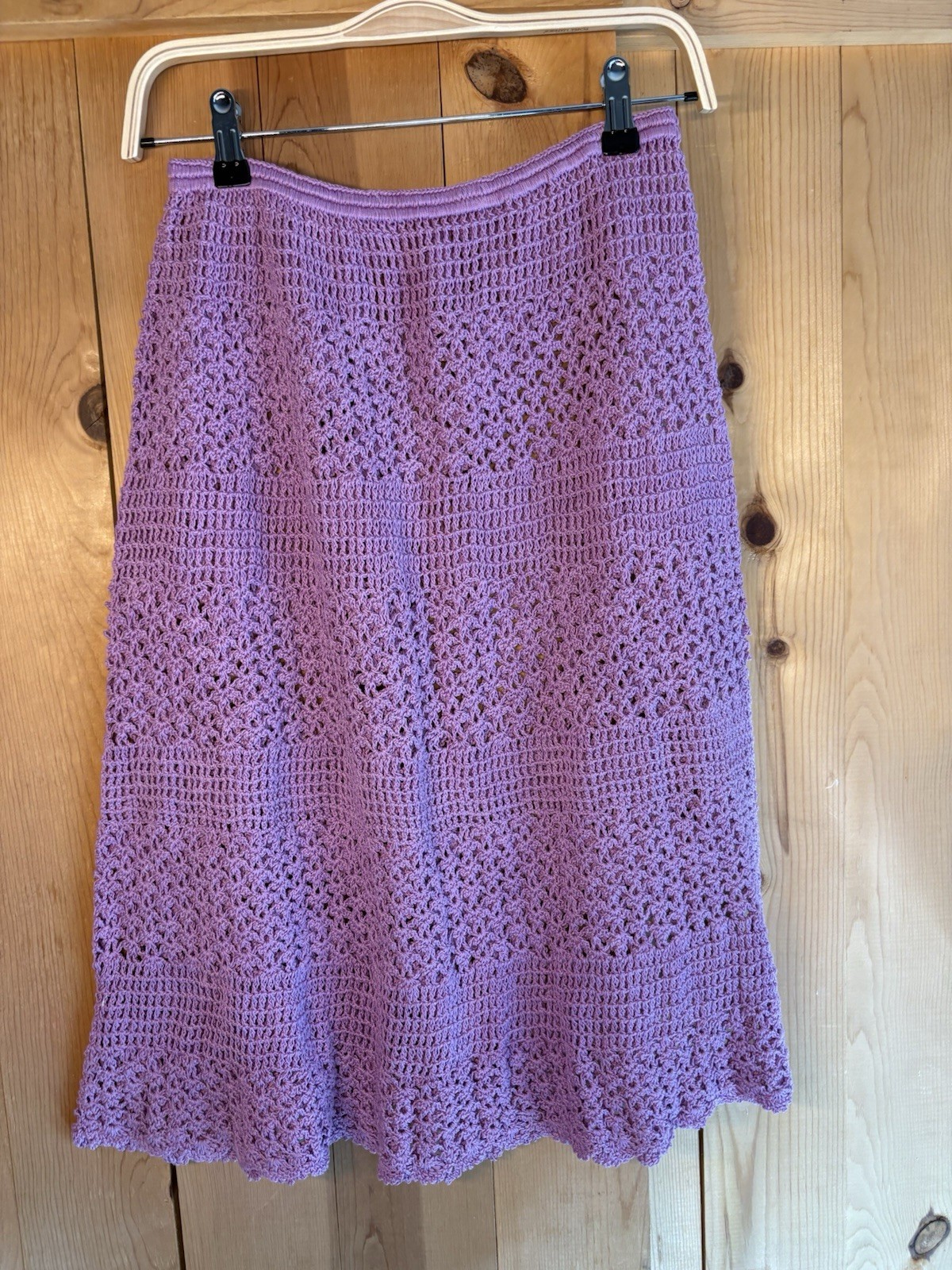 VTG Lavender Crochet Knee Length Skirt Women’s Sz S/M WAIST 24-32” Boho Hippy