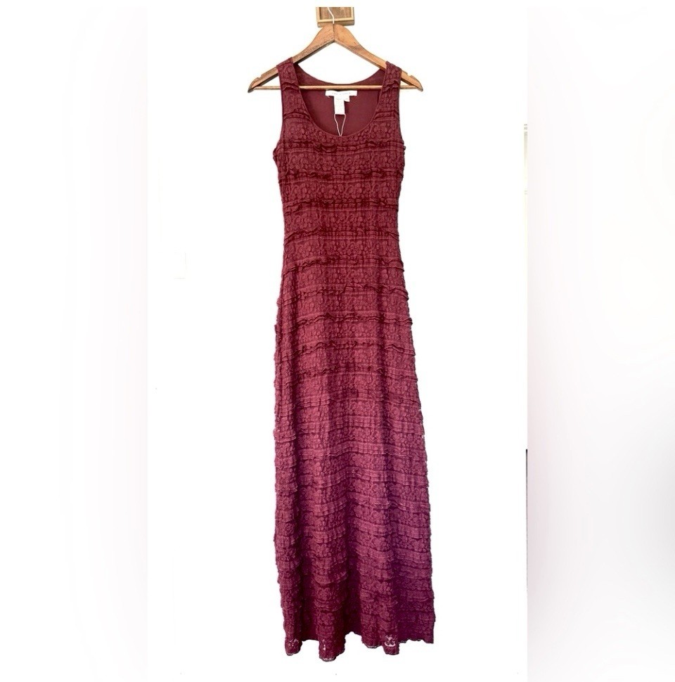 Y2K Fairy Gothic Forest Dress XS Ruffled Maxi Burgundy Wedding MAX STUDIO #139