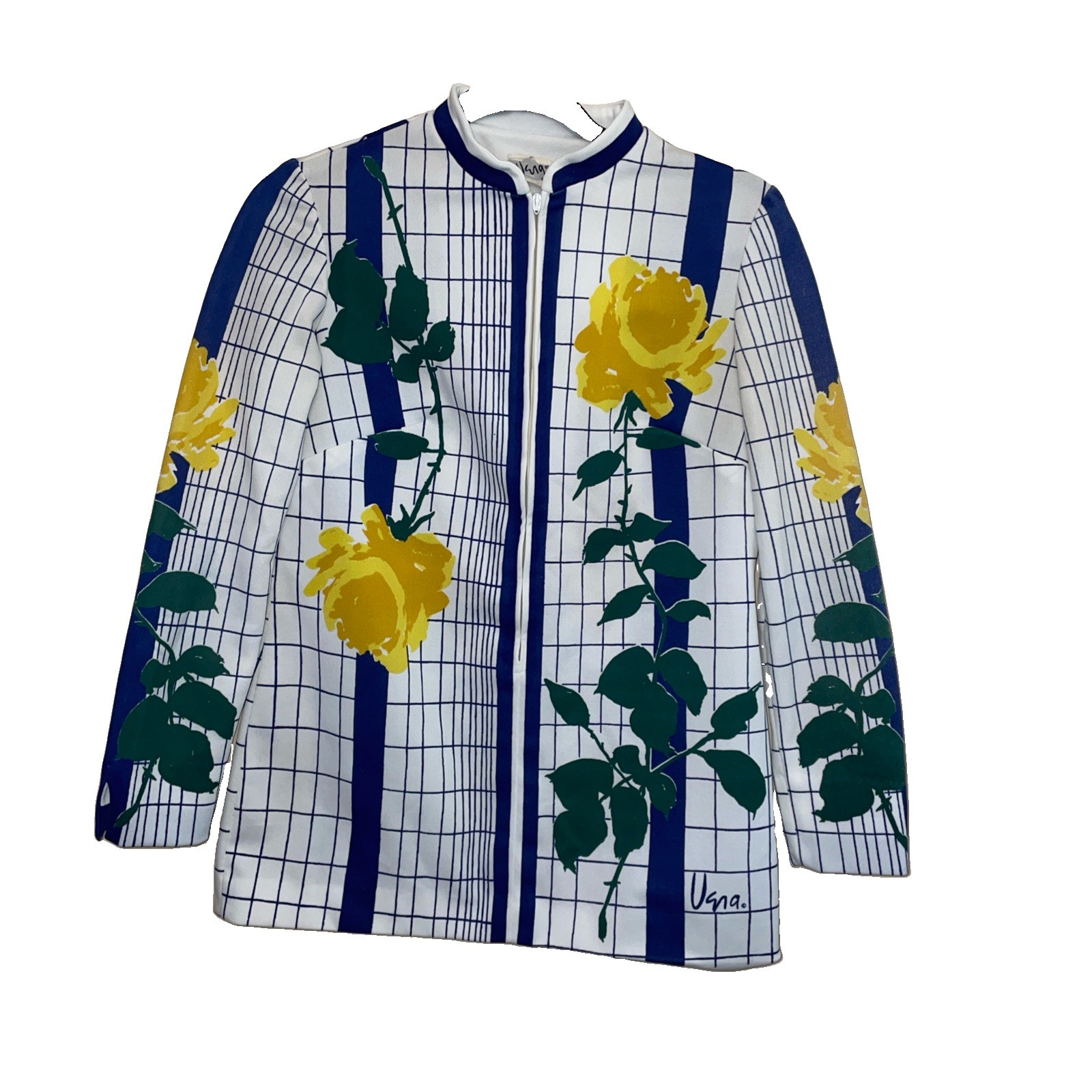 Vintage Vera Neumann Floral Jacket Talon Zip White Blue Yellow Roses Mod Art