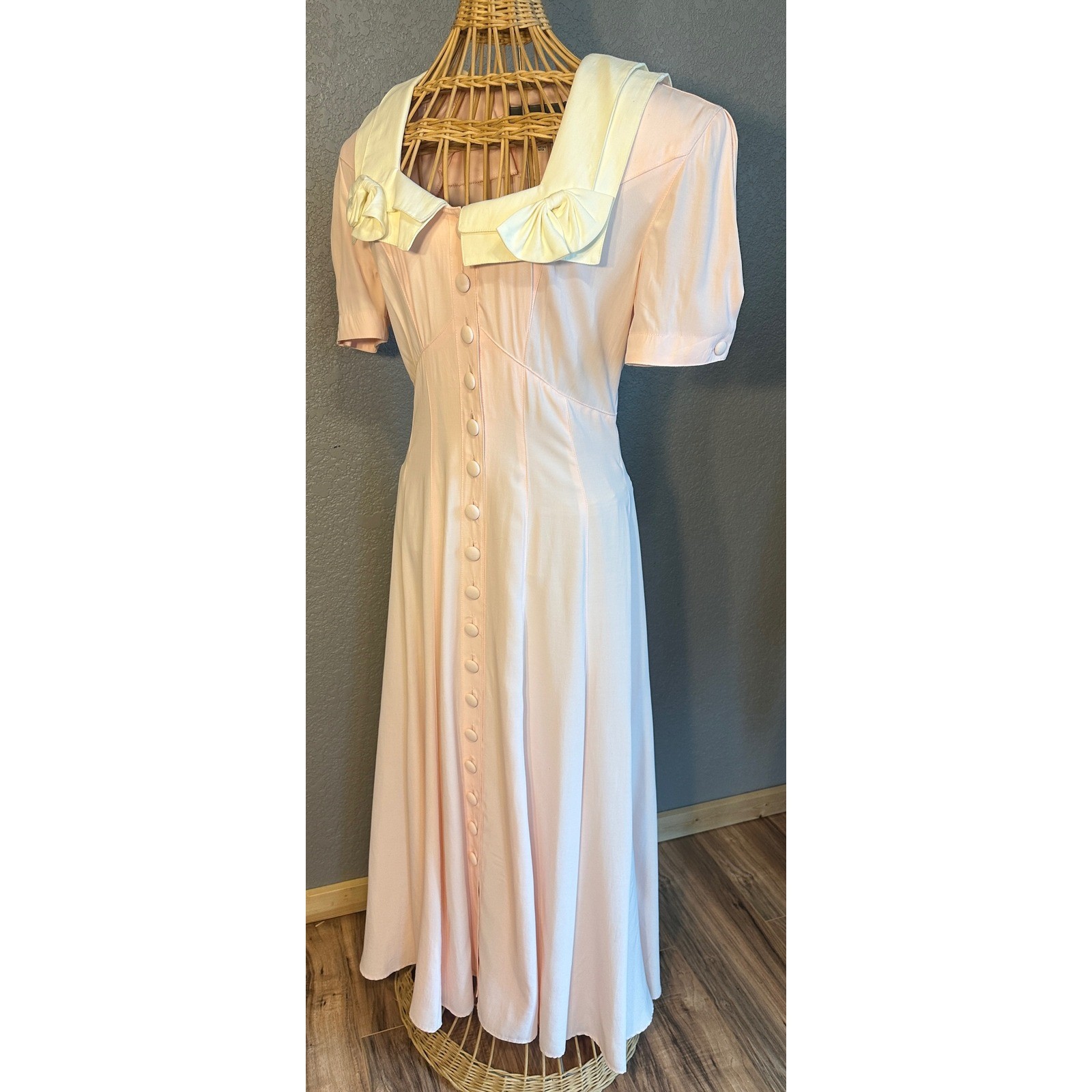 Vtg Karen Alexander 8 Pink Sailor Collar Maxi Dress Bows Button up Cottagecore