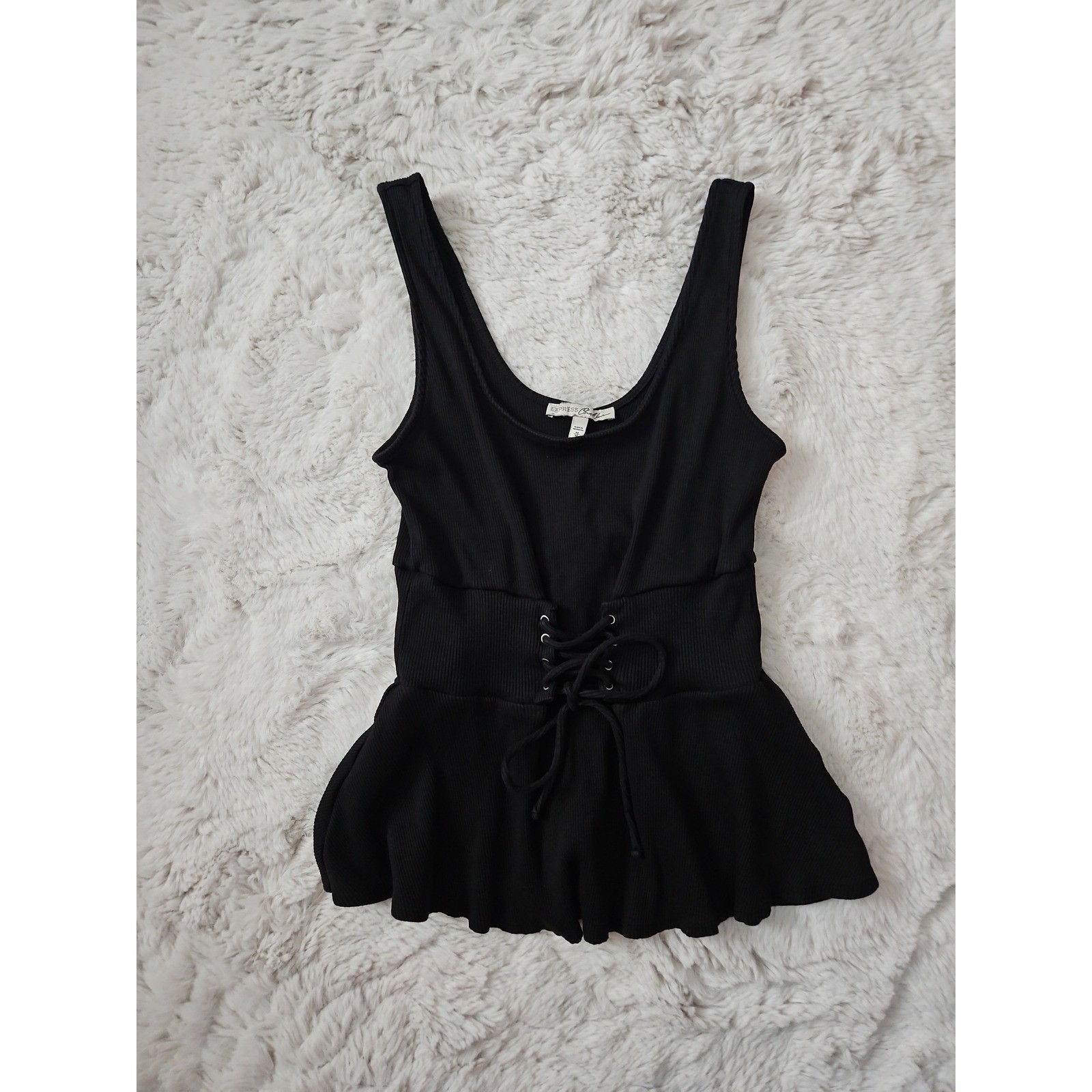 Y2K Aesthetic Corset Top Medium Black Peplum Lace Up Ribbed Grunge Streetwear