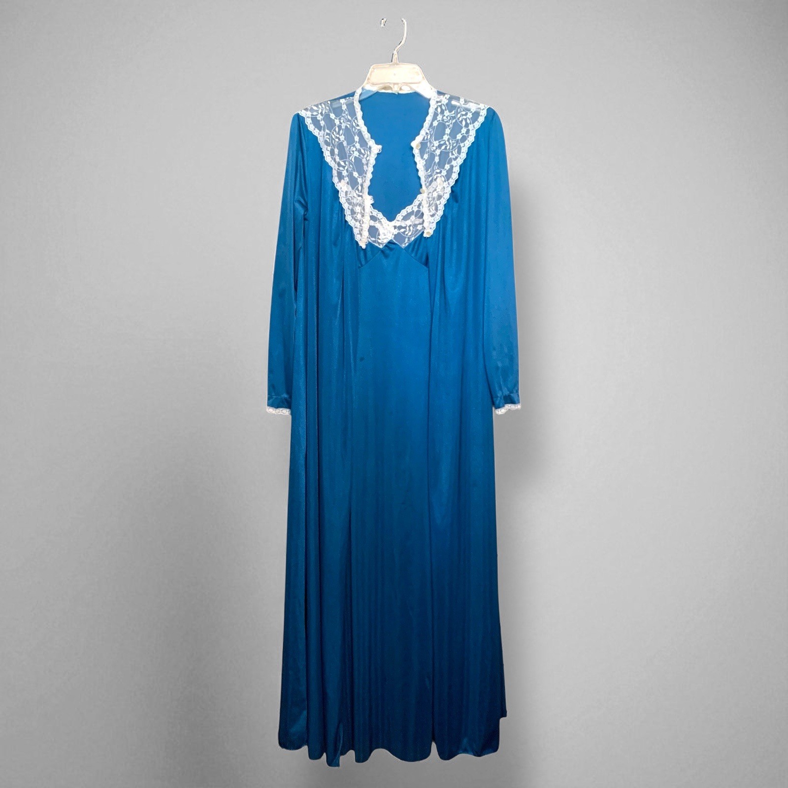 Vintage Stardust Long Teal Nightgown & Robe Set Lace Trim Modest 100% Nylon Sz M