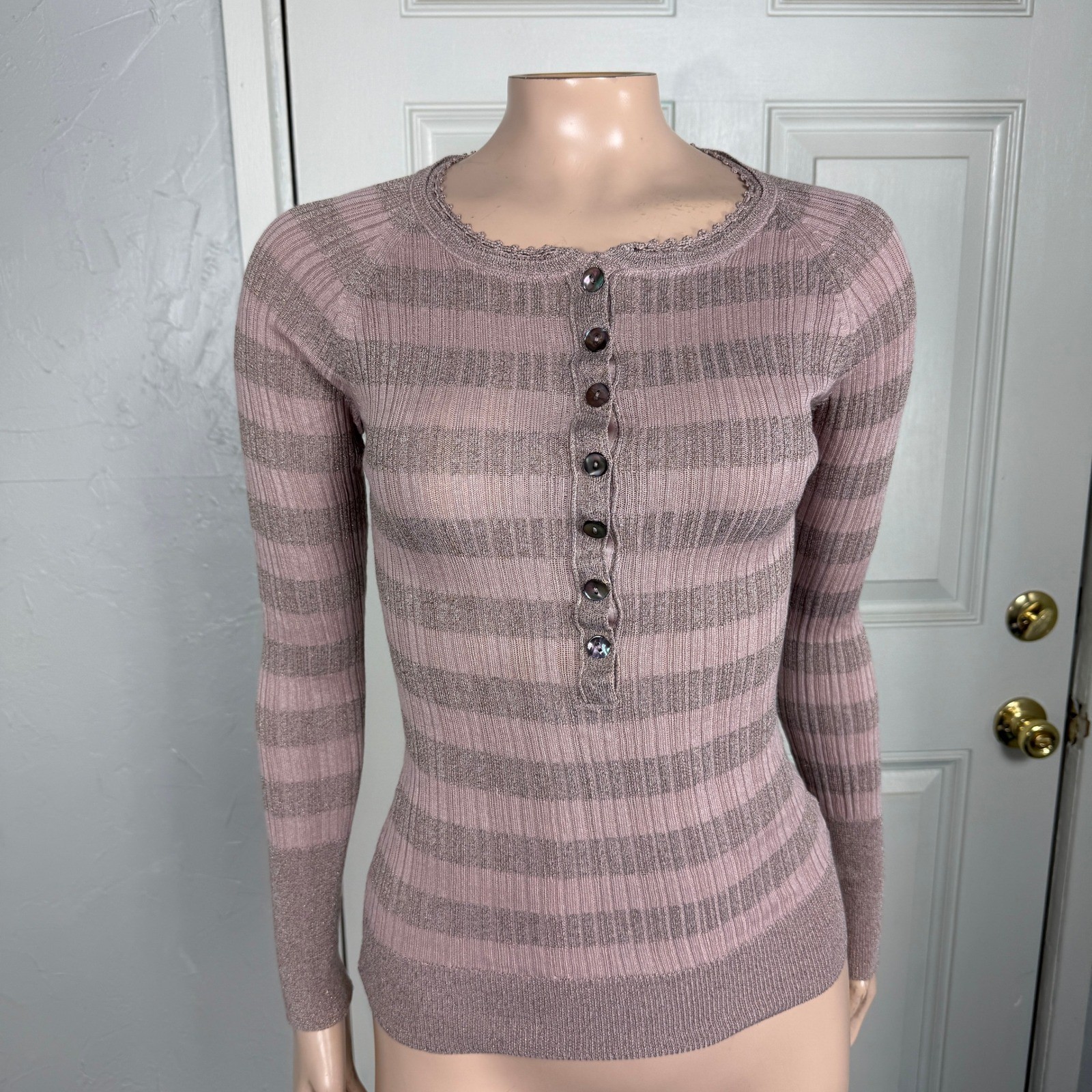 Vintage Y2K Marinique Shirt XS Metallic Knit Henley Striped Silk Long Sleeve R25
