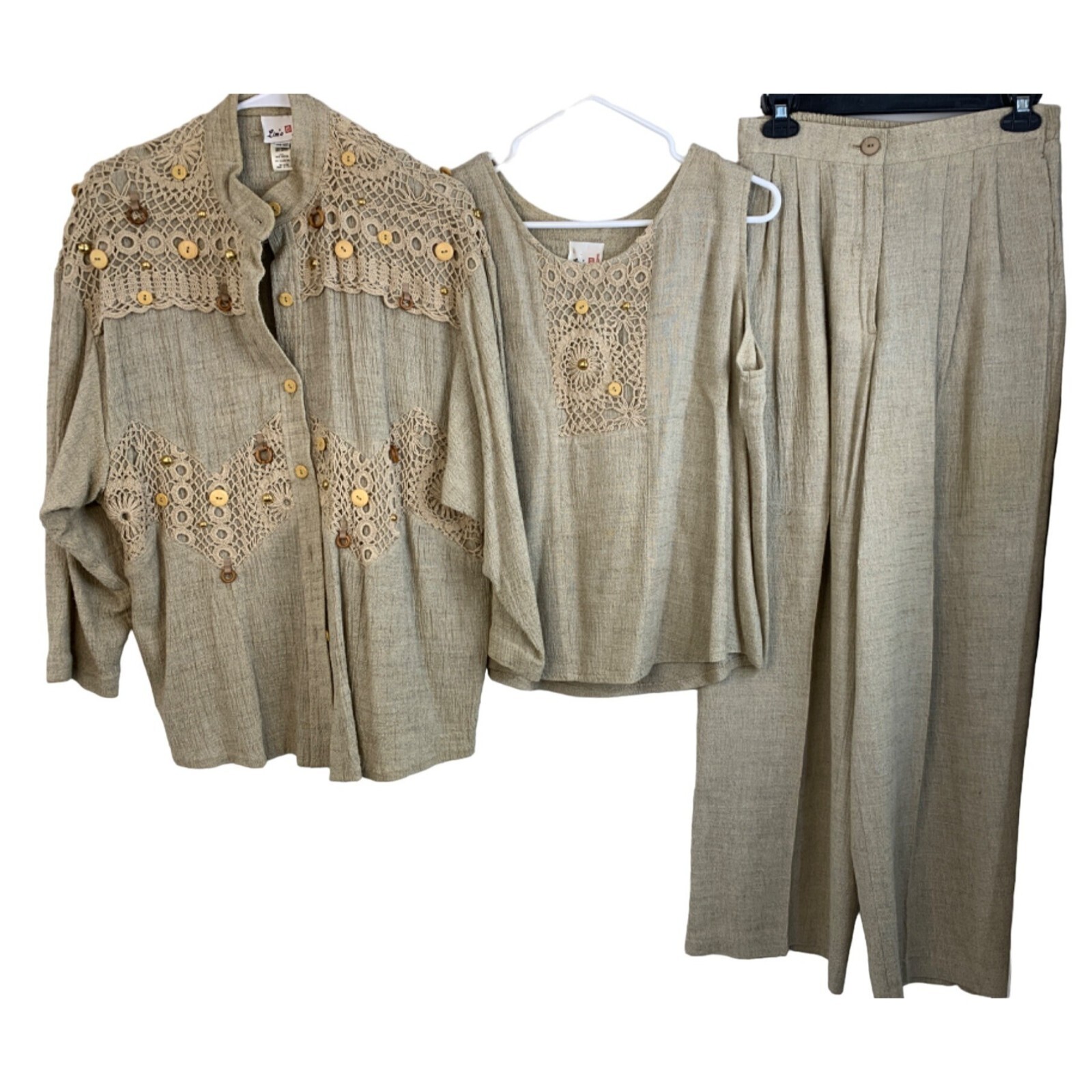 Rare Womens Lim’s VTG 3 Piece Crochet Linen Pant Suit GrannyCore M/L USA 7158