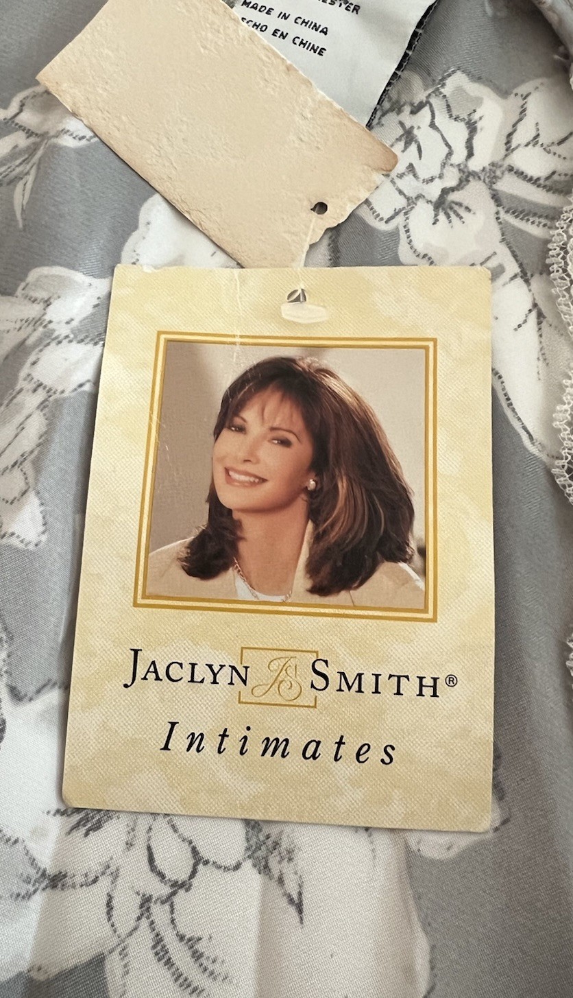 VTG Jacklyn Smith Full Length Satin Robe + Night Gown Set Silver Floral NWT M