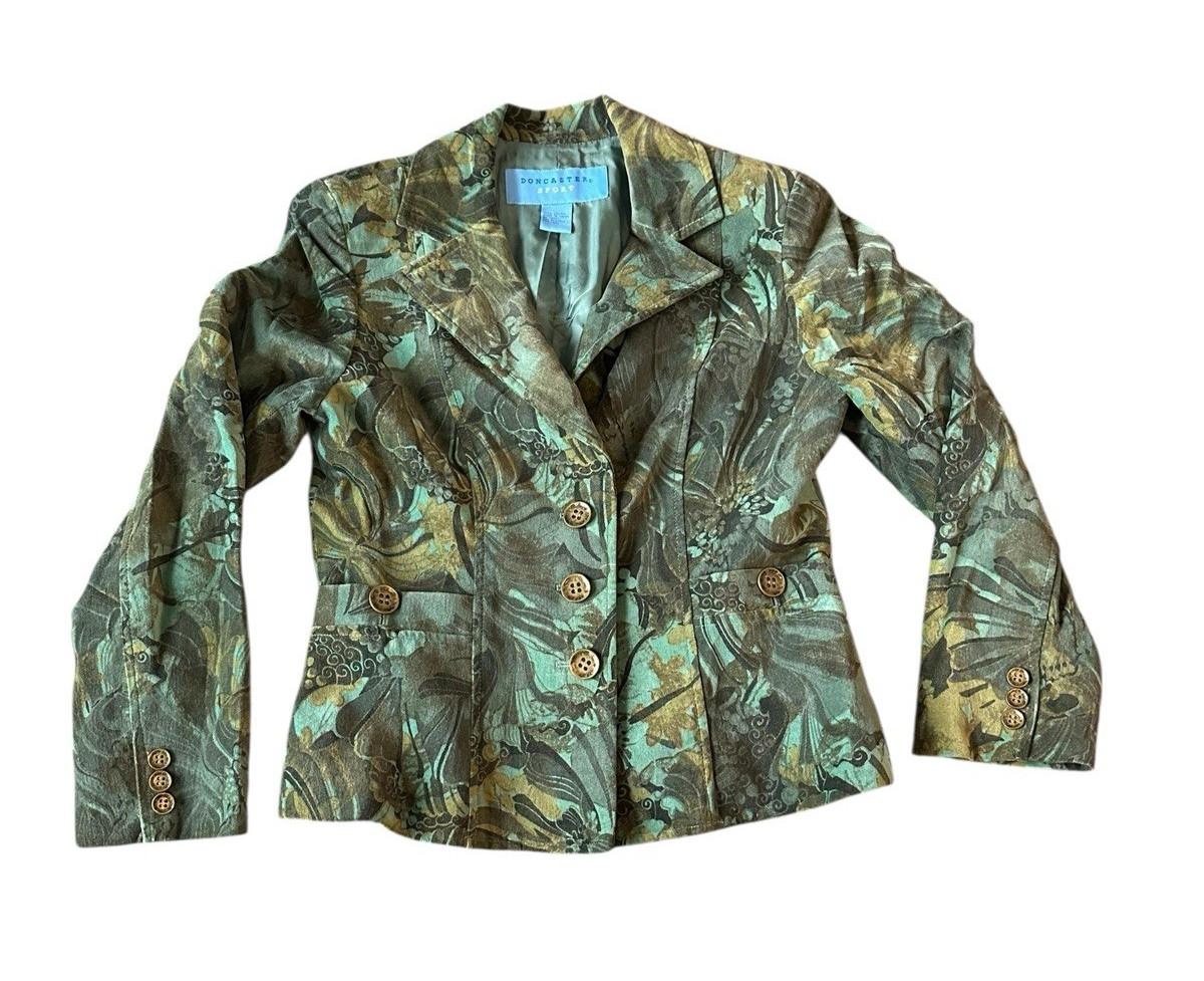 Doncaster Sport Tapestry Jacket Blazer Green Floral Womens Sz 2 Vintage Y2K