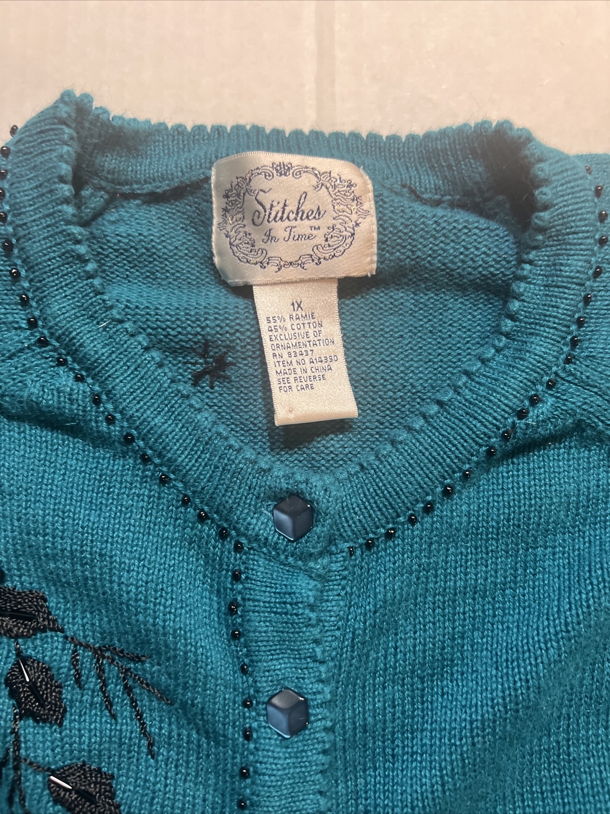 Vintage Teal Blue Beaded Button Down Cardigan Sweater Stitches In Time Size 1X