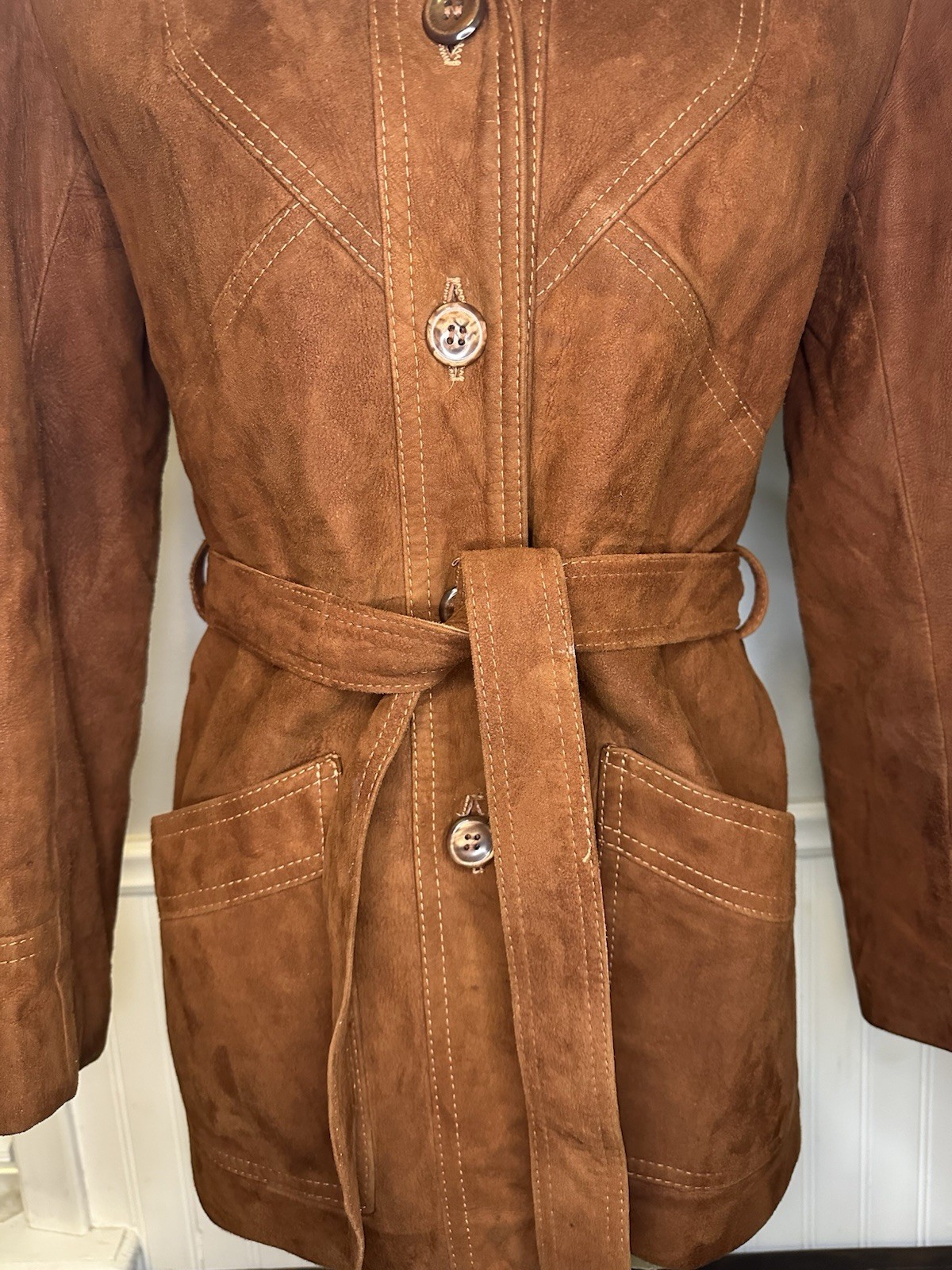 New England Sportswear Company Suede Leather Mahogany Belted Coat Women’s Size 8