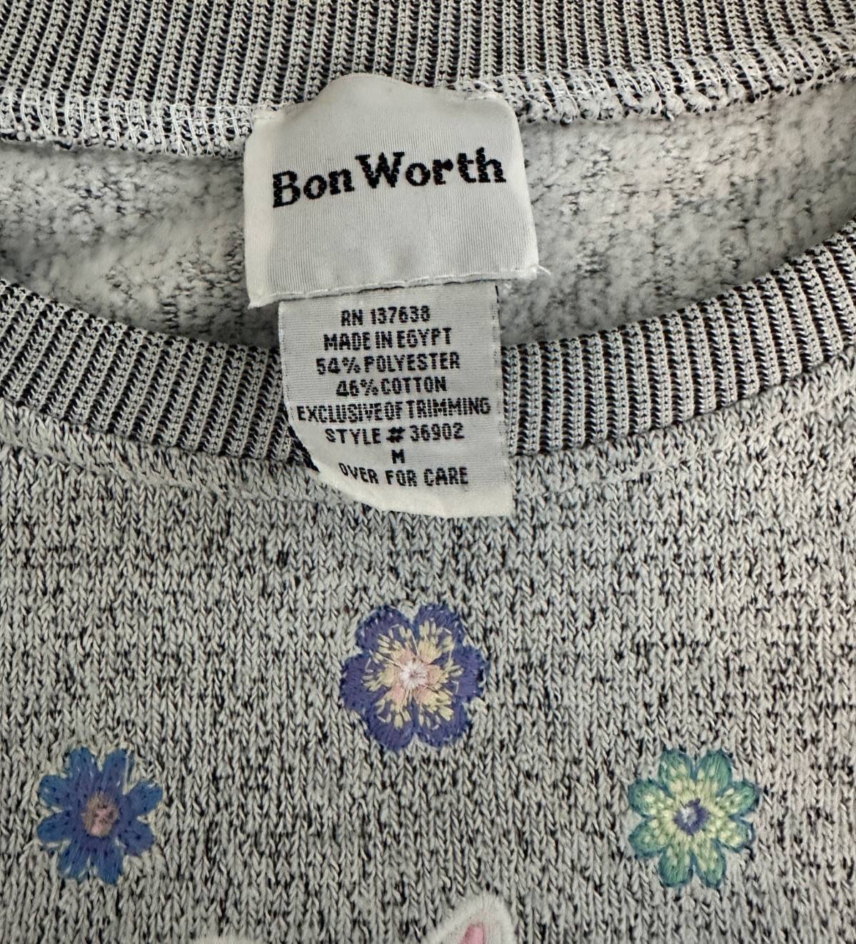 VTG Bonworth Knit Sweatshirt Sweater White Cat & Flowers Granny Core Grandma M