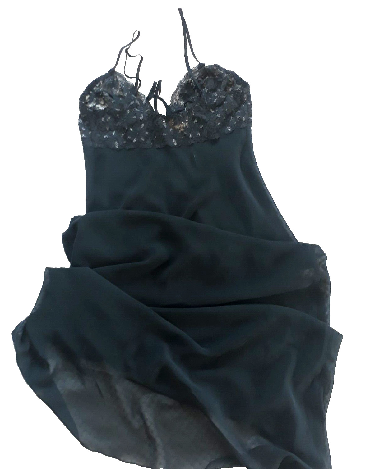 ANYWEAR ANY TIME VINTAGE WOMAN MAXI NIGHT BLACK GOWN WITH COTTON LACE SZ L