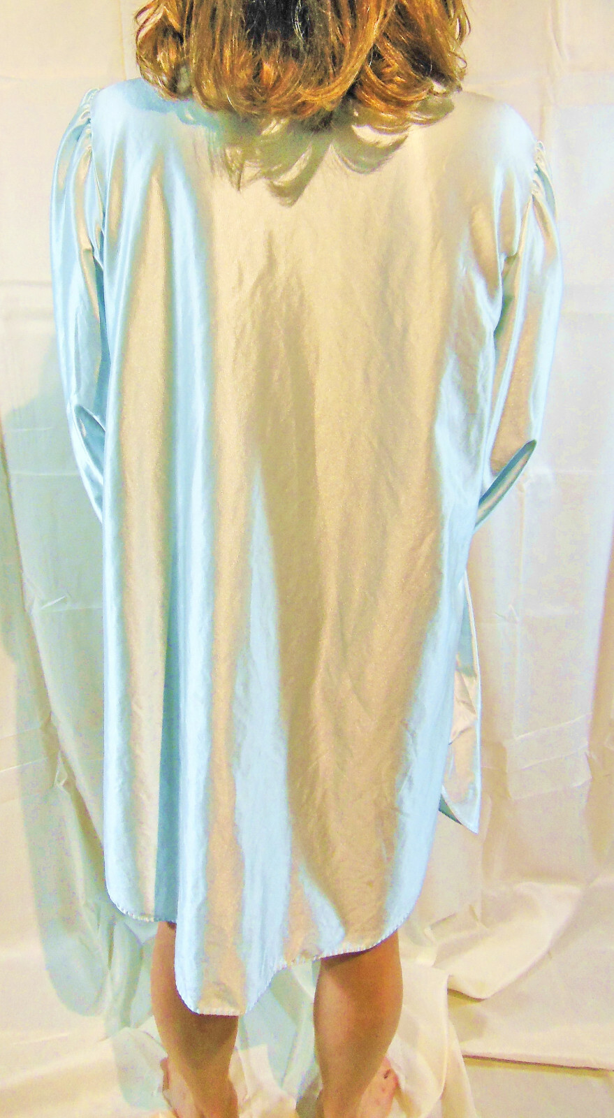 STARDUST VINTAGE BLUE SATINY EMBROIDERED COTTONY LINING NIGHTGOWN L XL EVC