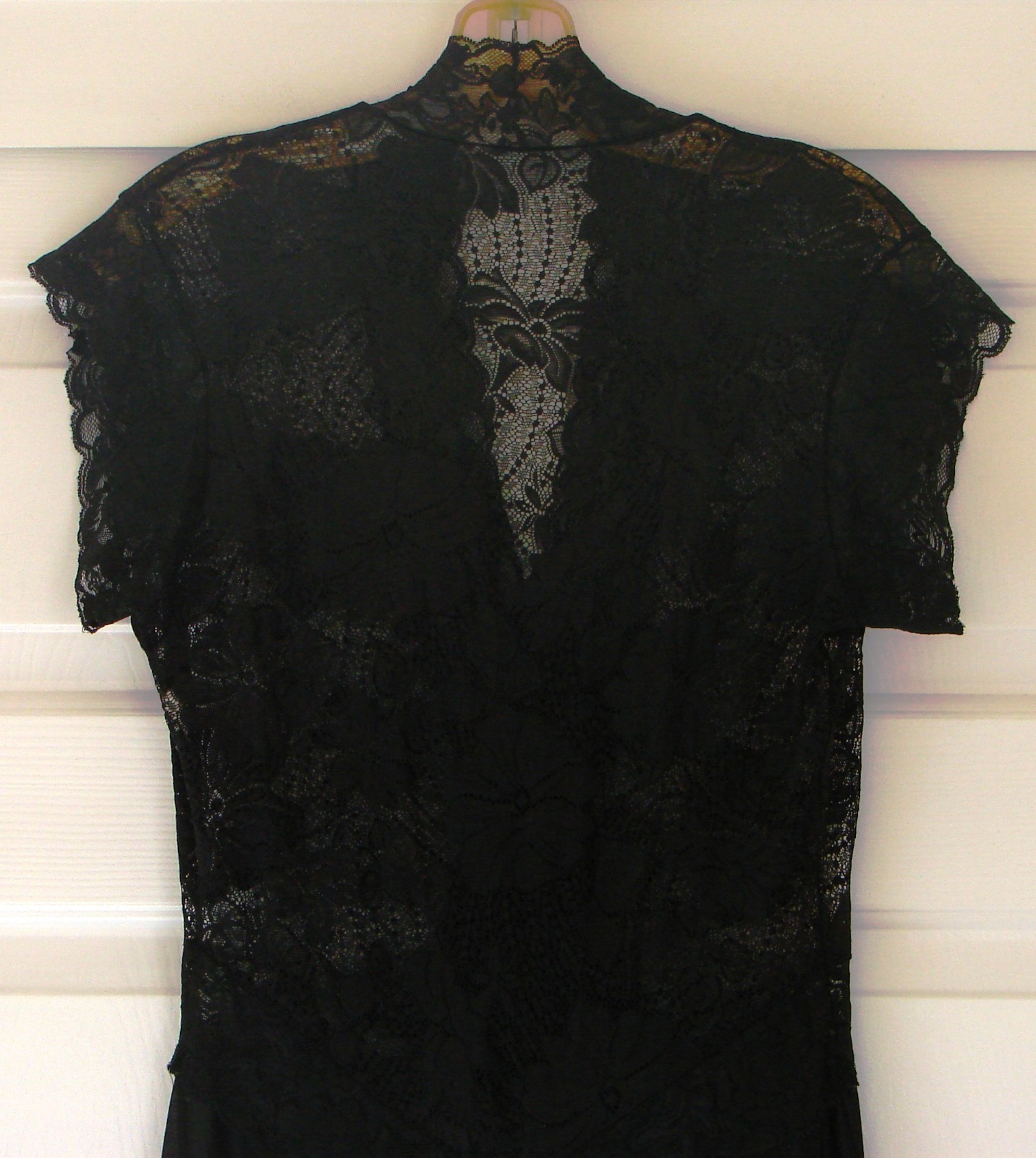Vintage Black FARIS Stretch Lace Bodice Cap Sleeve Sweeping Skirt Nightgown L