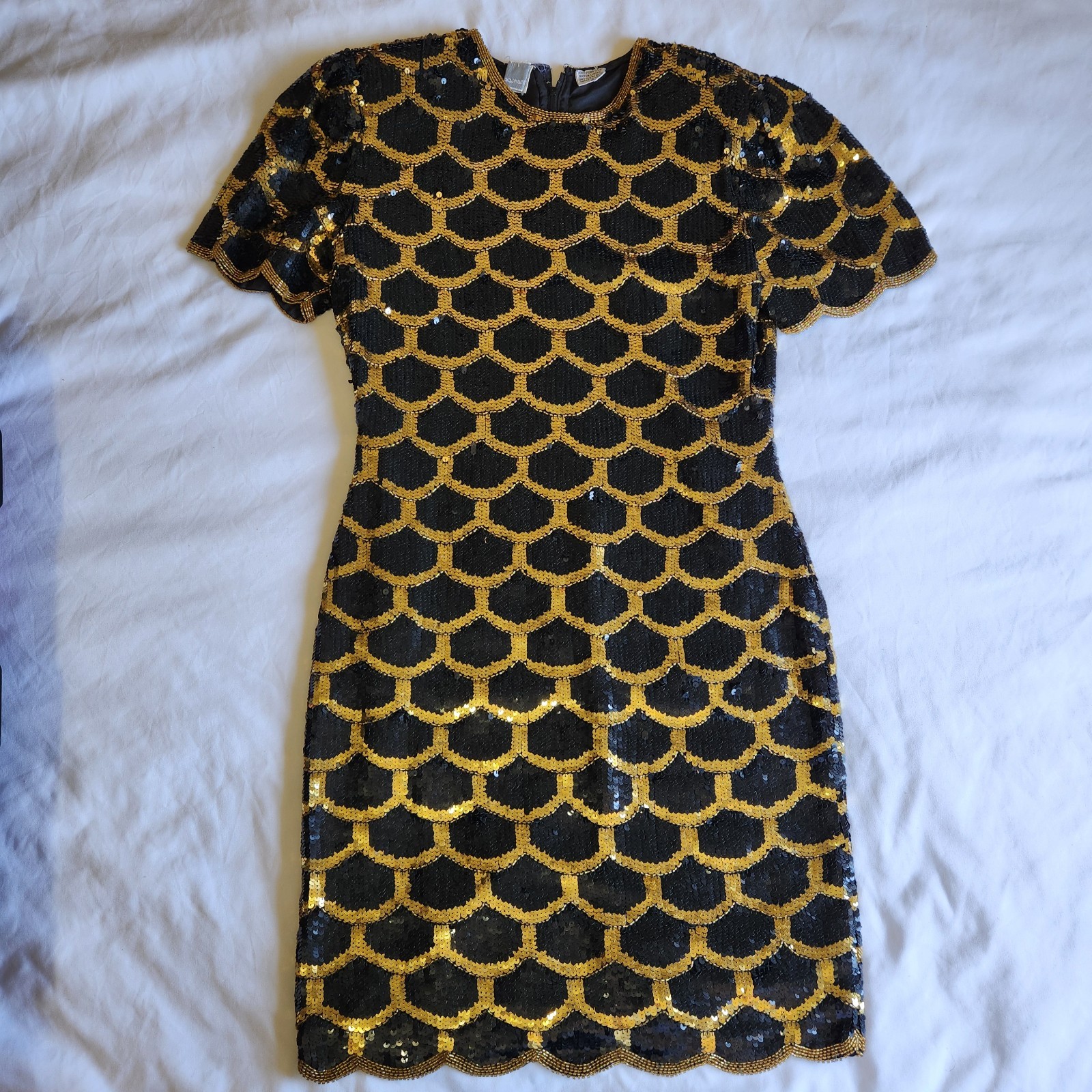 Vintage 80’s Scalloped Sequin Black Gold Silk Dress as seen on Katy Perry Size S