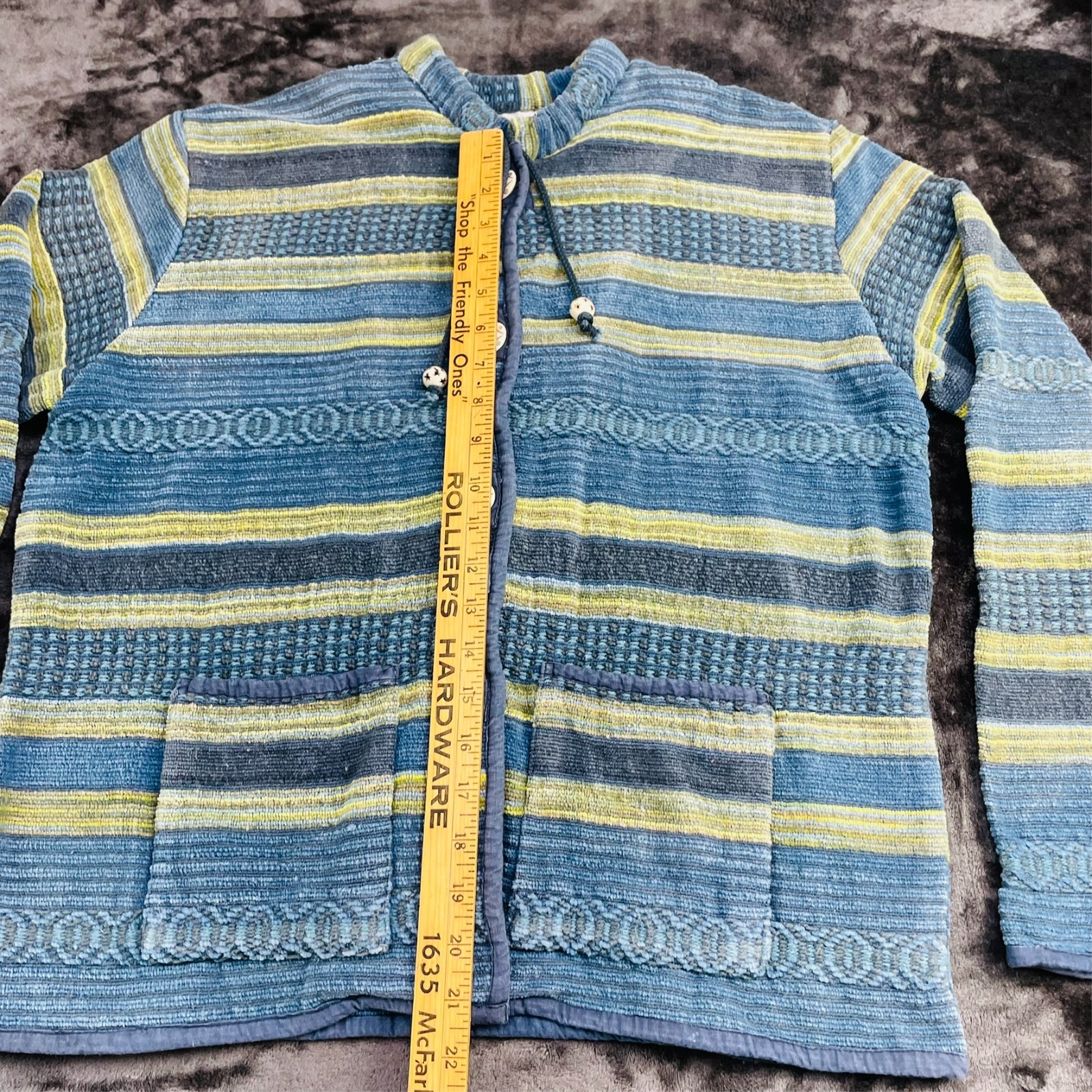 VTG 90s Flashback Woven Cotton Jacket Blue Yellow Striped Boho Button Cardigan