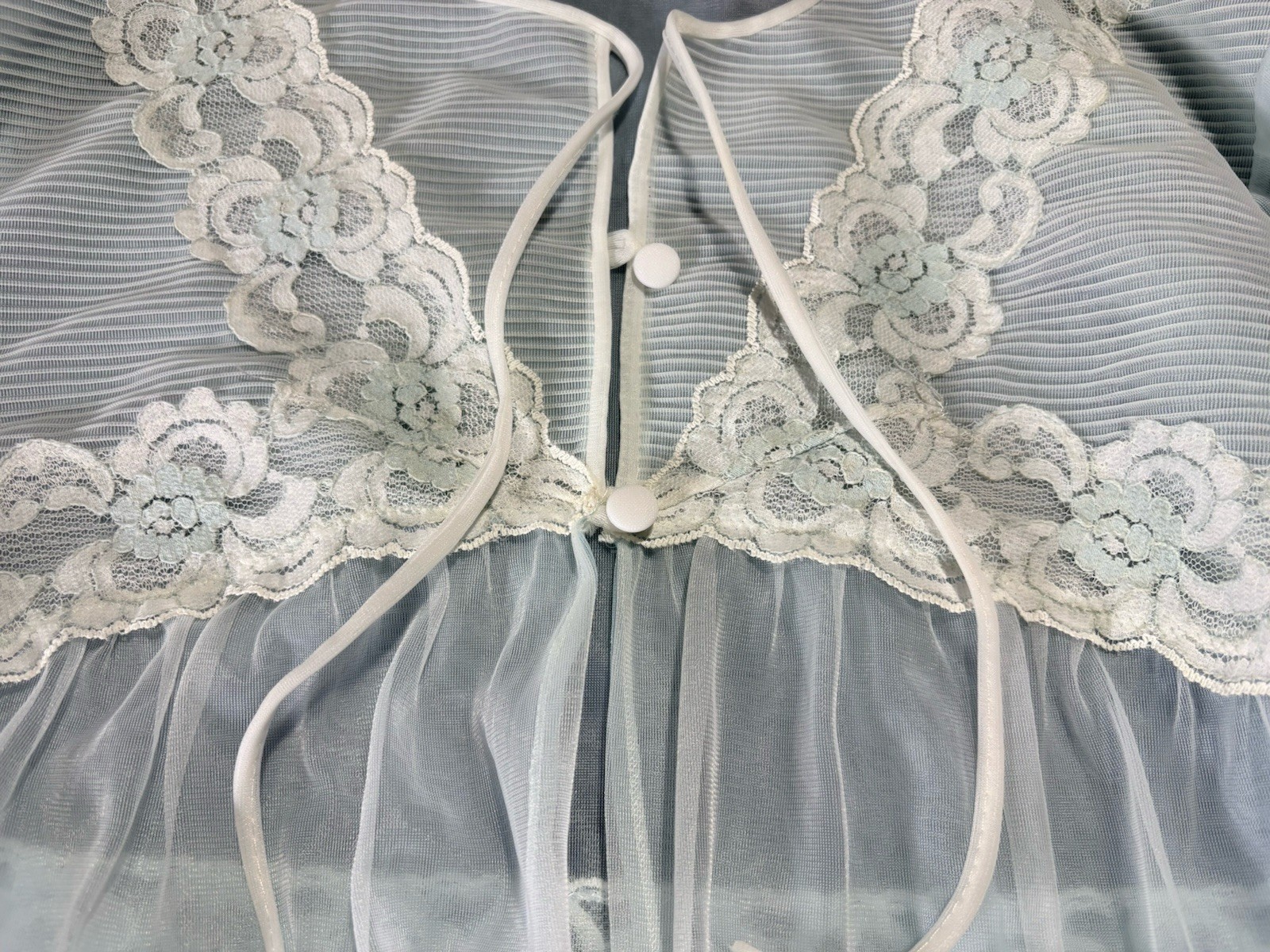 Vintage Sears Roebuck Charmode Chiffon Lace Trim Robe Medium Peignoir Sheer Blue