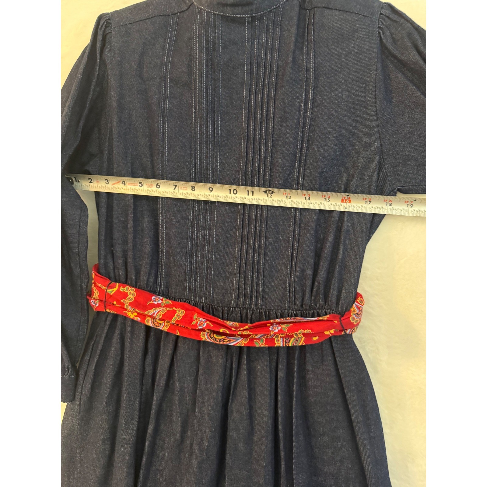 J.G. Hook Vintage Denim Midi Dress Womens 12P Petite Pleated Bib Paisley Belt