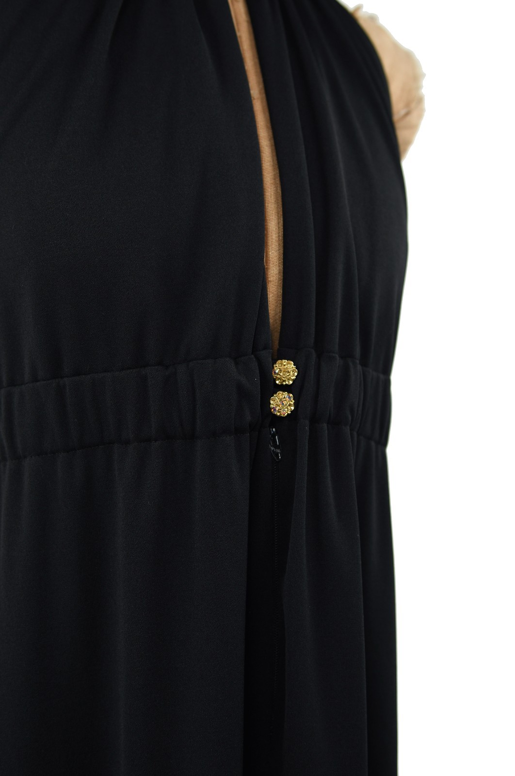 Vintage 70s Black Halter Keyhole Maxi Dress Gold Accent Buttons Disco Sleeveless