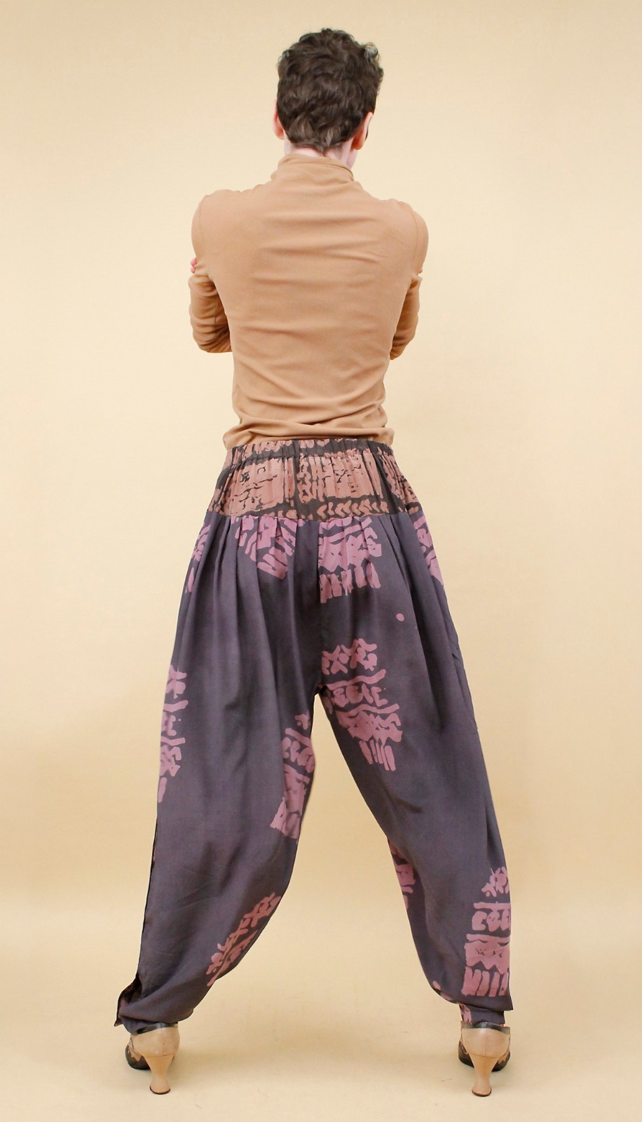 80s Vtg Silk Laise Adzer Designer Silk Moroccan Lagenlook Art Pants S-M W28-30″
