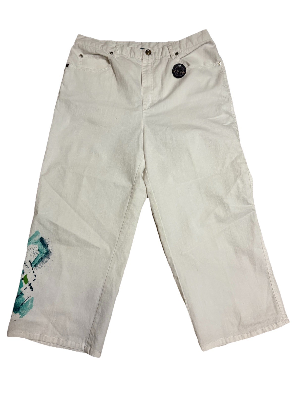 Vintage KORET WHITE TURQUOISE ACCENTS Pull On Elastic Waist Capri Pants 10 Med