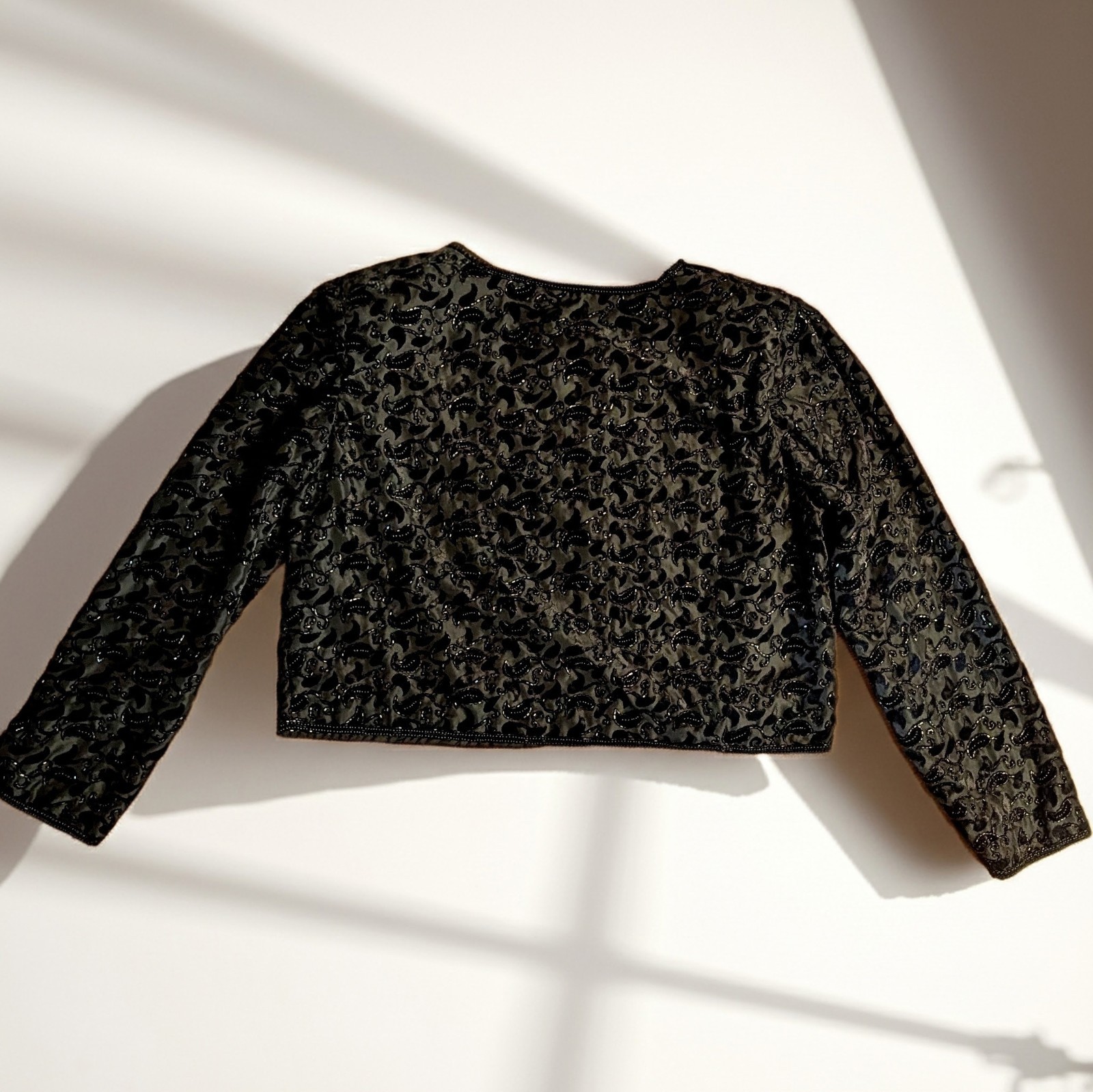 Vtg 80s Stenay Beaded Cropped Jacket M Fits L Black Devoré Paisley Open Evening