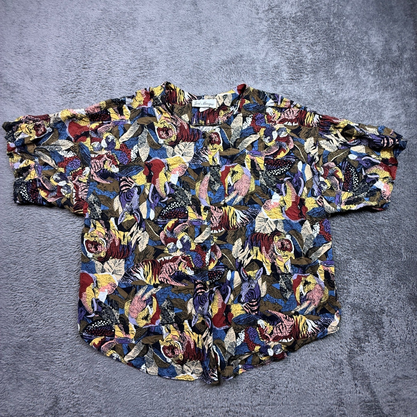 Jeri Marque Button Up Shirt Womens XL Vintage Tiger Zebra Animal Print Rayon