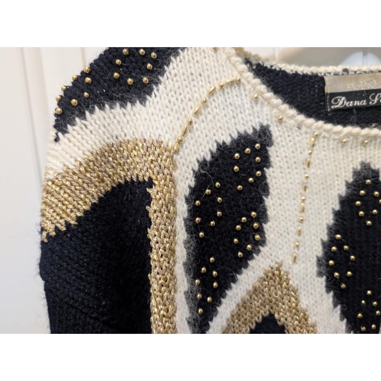Vintage Dana Scott Womens L Sweater Black & Cream Gold Beads Party Holiday