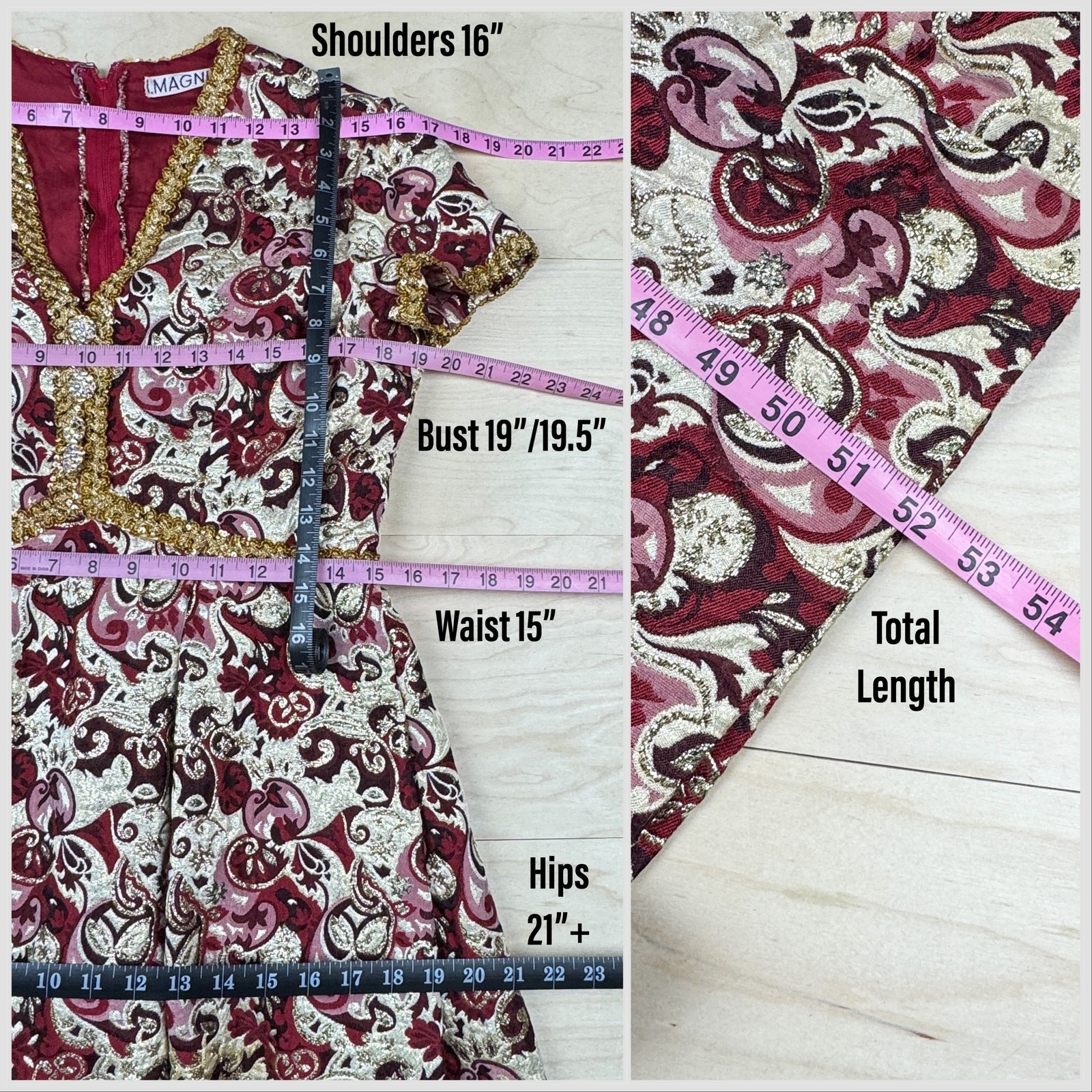 Vintage 1970s Metallic Gold and Maroon Floral Brocade Dress | 30″ Waist