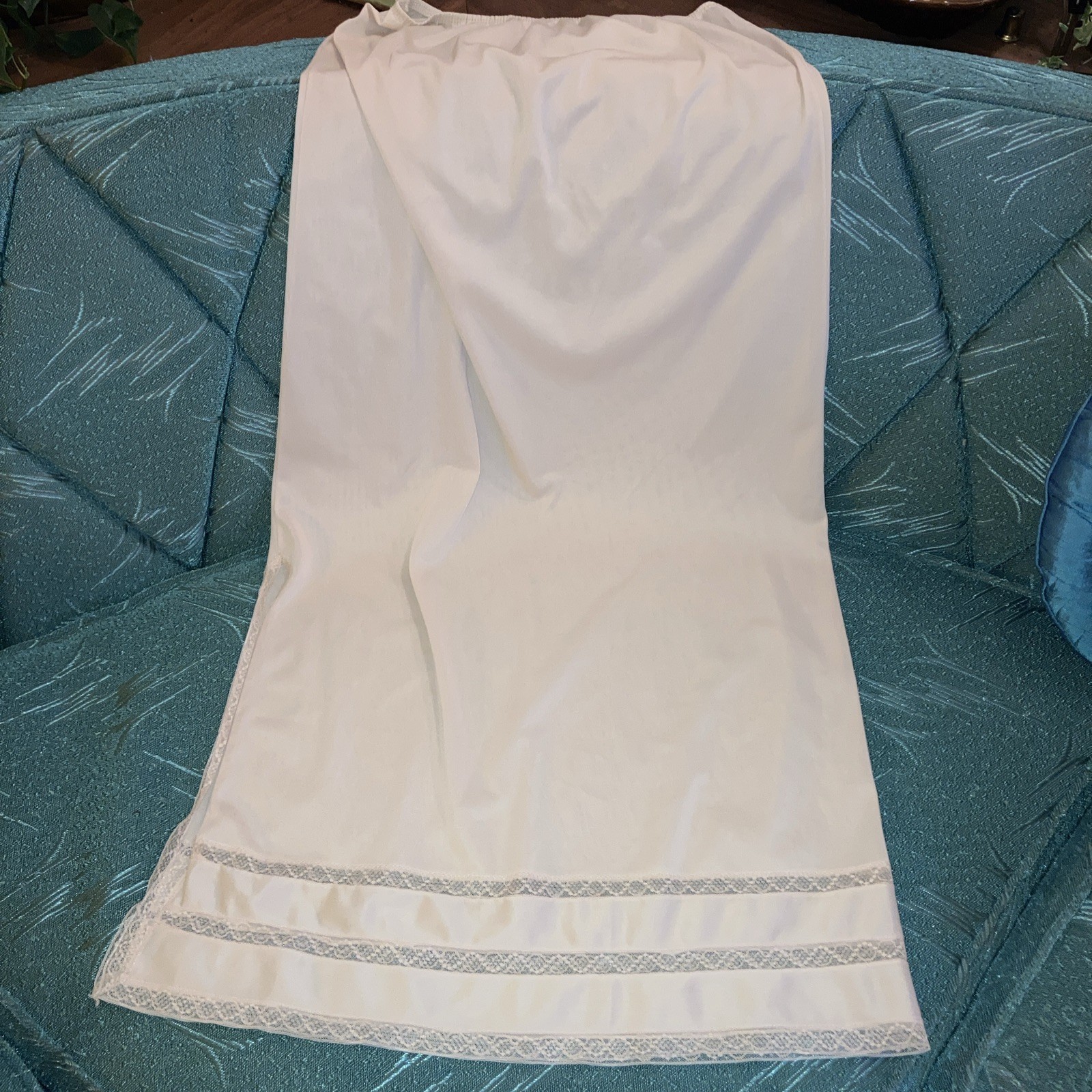 Vintage Gaymode Half Slip Skirt Long Small Lace Trim Slit Beige Tan Nude