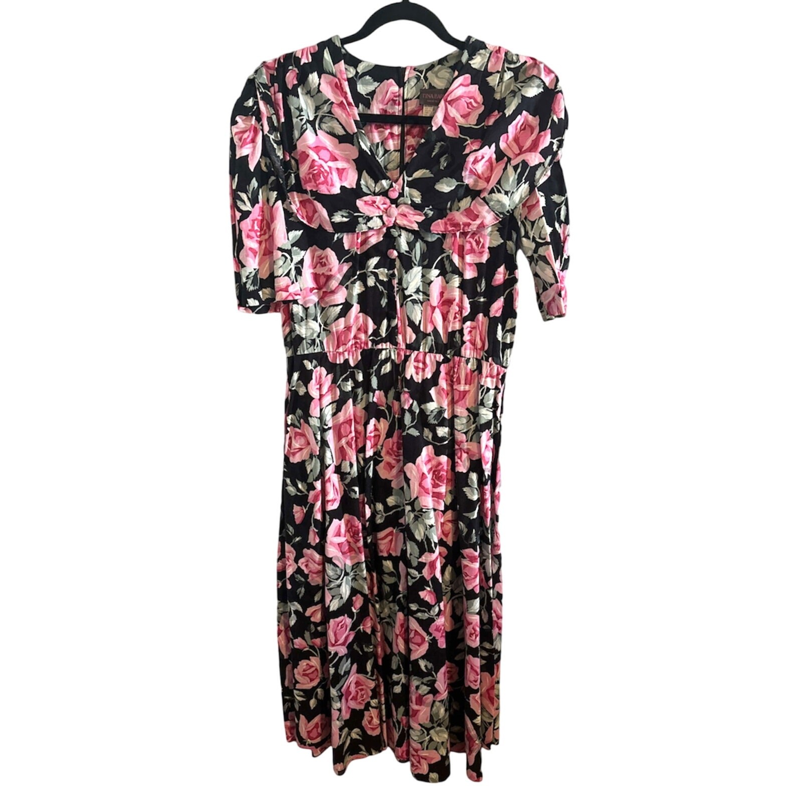 Vintage 1980s Tiona Barrie Pink Black Floral Dress Short Sleeves Size 12 Made US