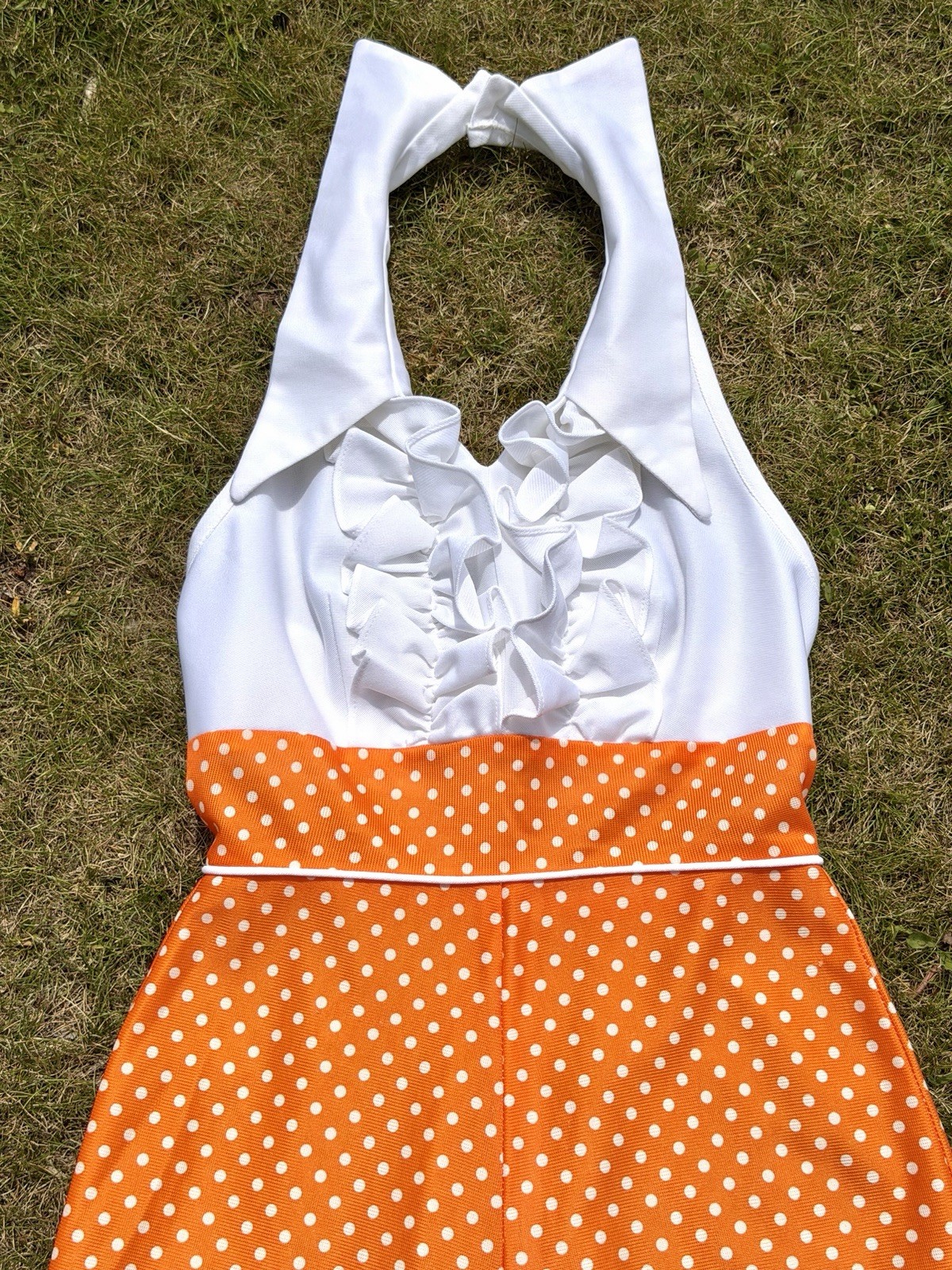 1960s 1970s BELL BOTTOM JUMPSUIT Vintage Romper Polka Dot Tuxedo Halter White