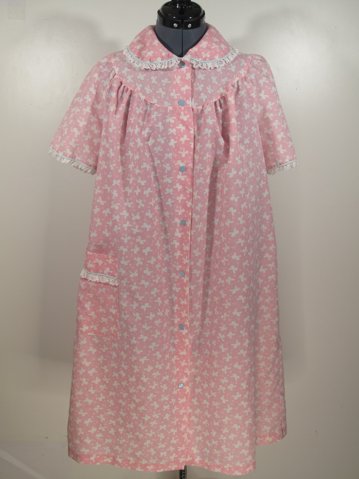 VTG Dan Ellen~Grannycore Nightgown Ruffles~Lace~Pink~Pocket~Bows~USA Made~Sz XL