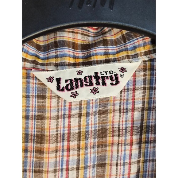 Vintage Langtry Ltd Plaid Tie Front Crop Top Brown Blue Yellow Short Sleeve S