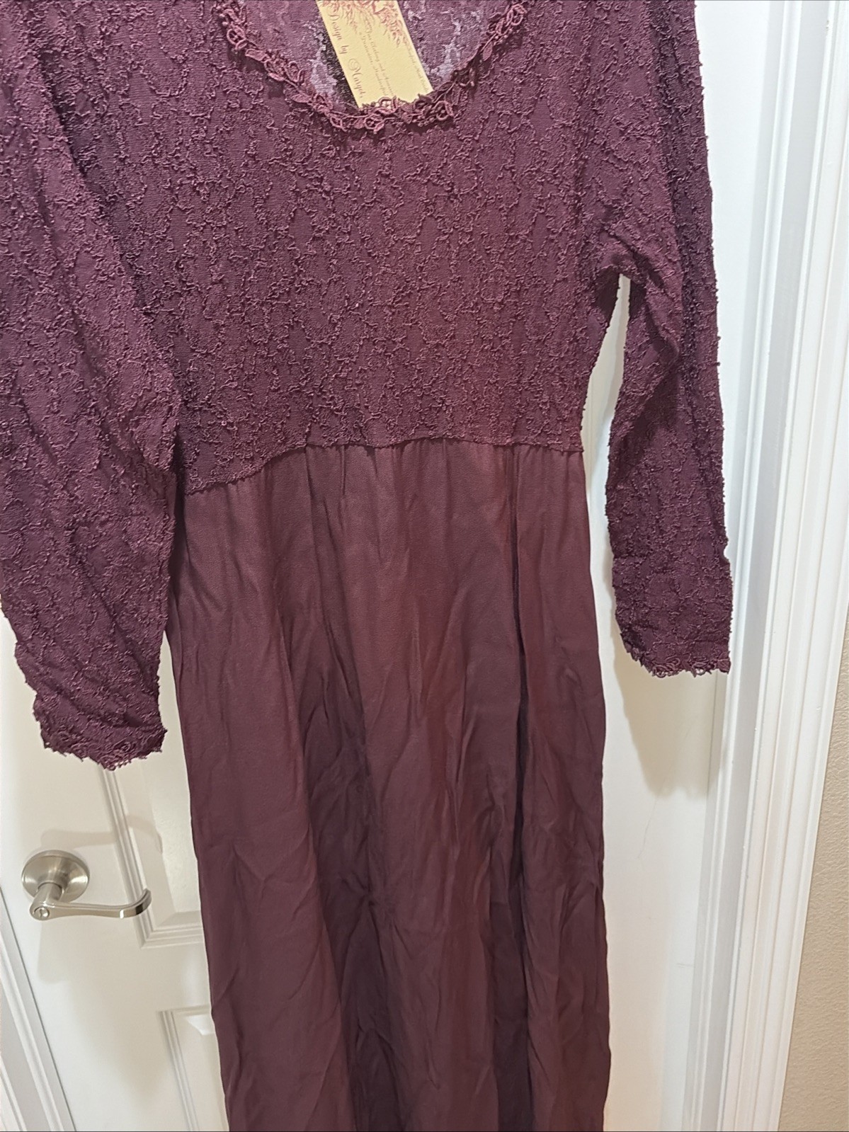 VTG NWT Margot Lea Dress Size XL Lace Accents Burgundy Maxi Long Sleeve USA